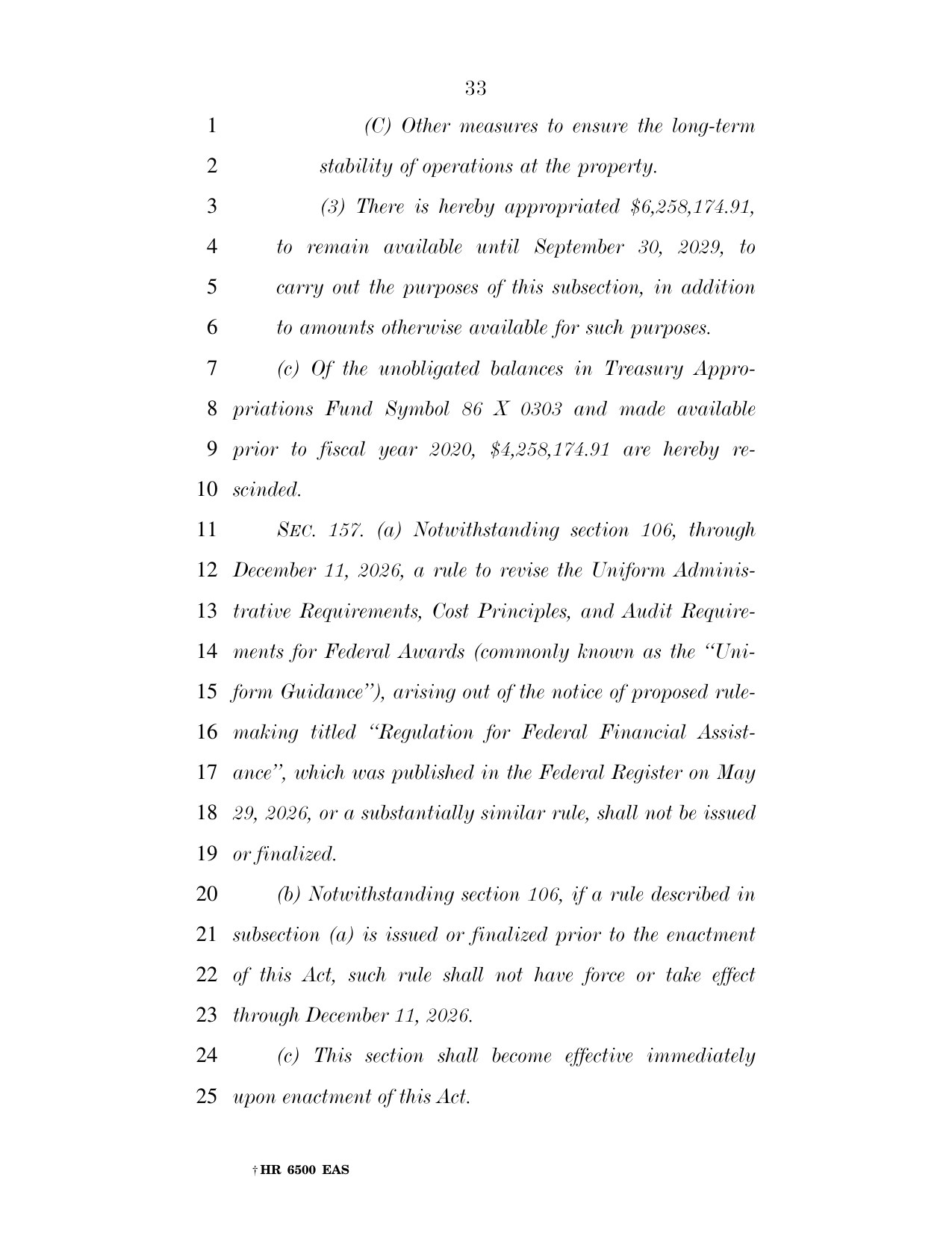H.R. 6500 as passed by the Senate, page 33, showing Section 157 blocking the OMB Uniform Guidance rule through December 11, 2026