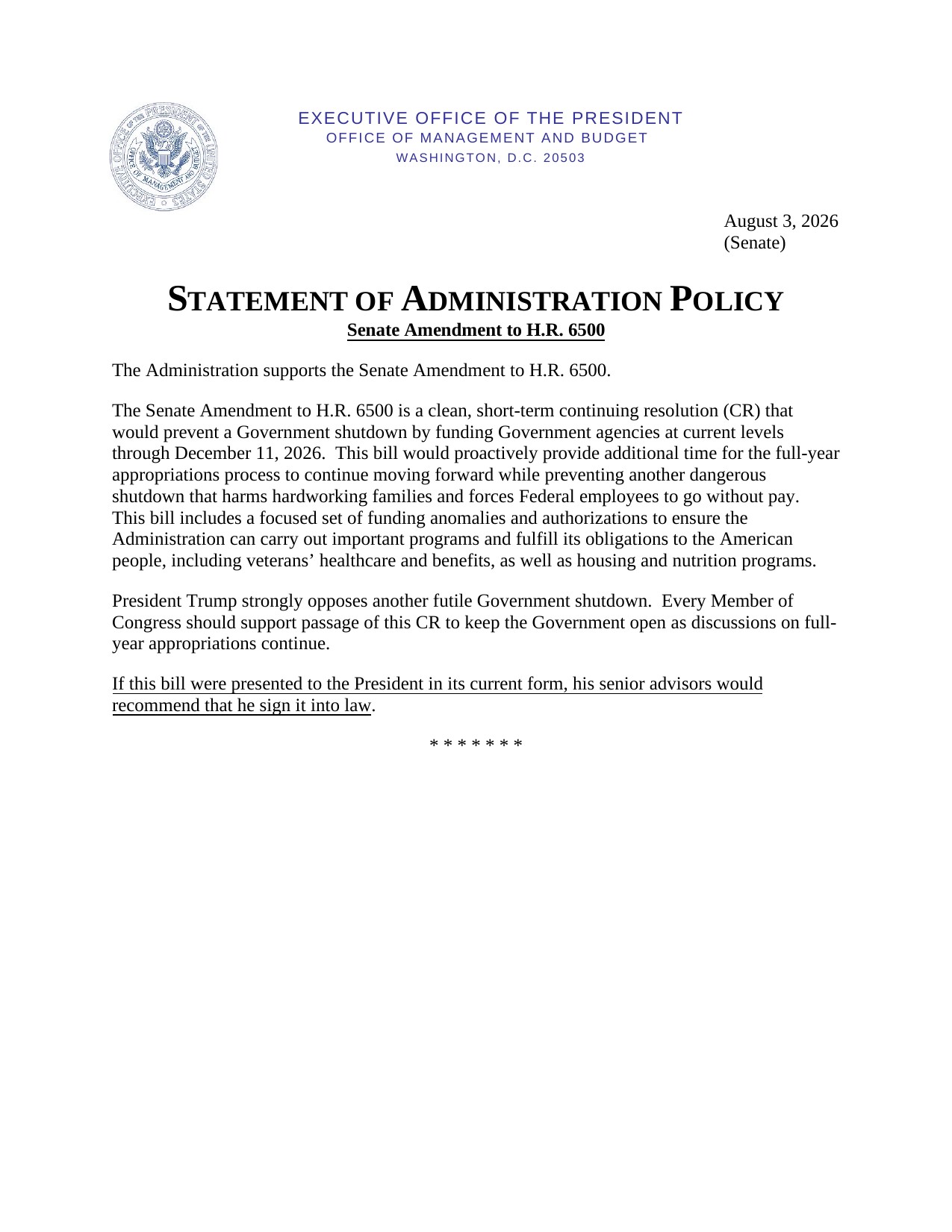 Page 1 of the Office of Management and Budget Statement of Administration Policy on the Senate Amendment to H.R. 6500, dated August 3, 2026