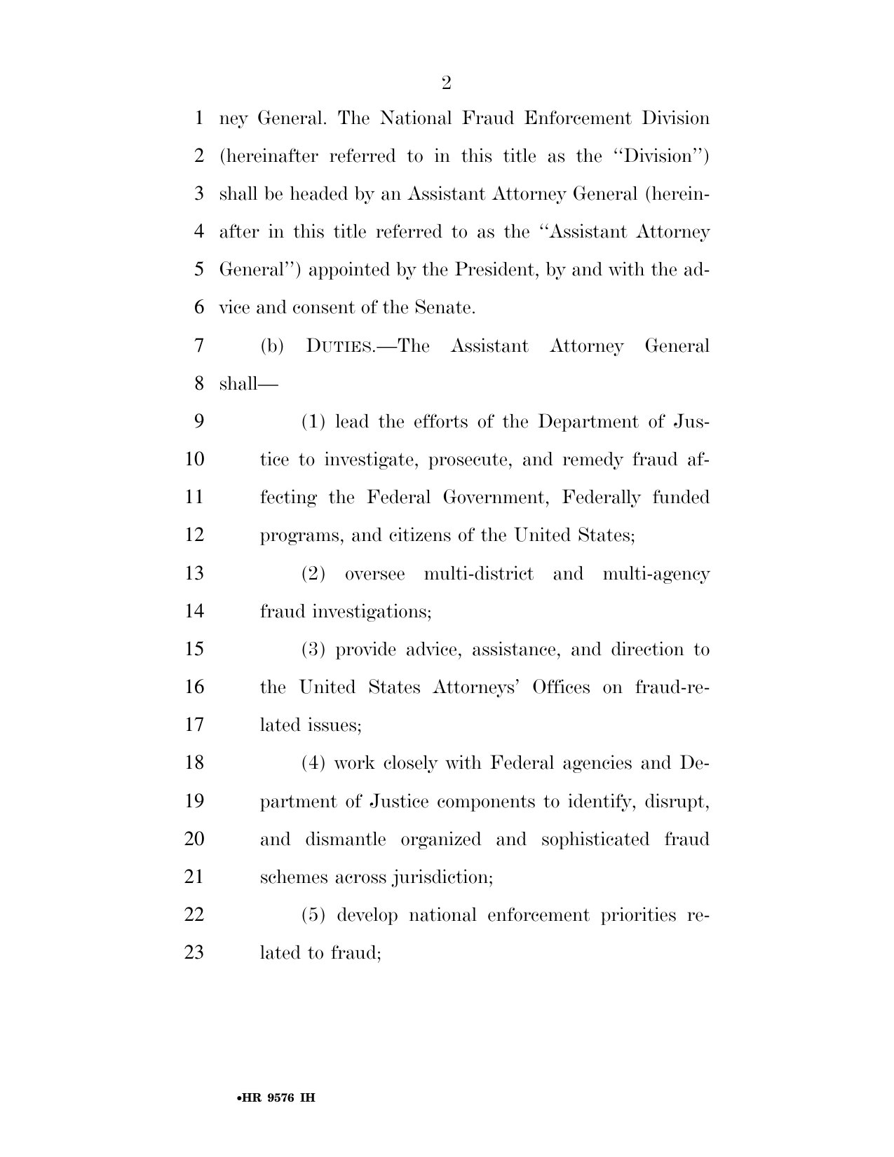 H.R. 9576 as introduced, page 2, list of Assistant Attorney General duties