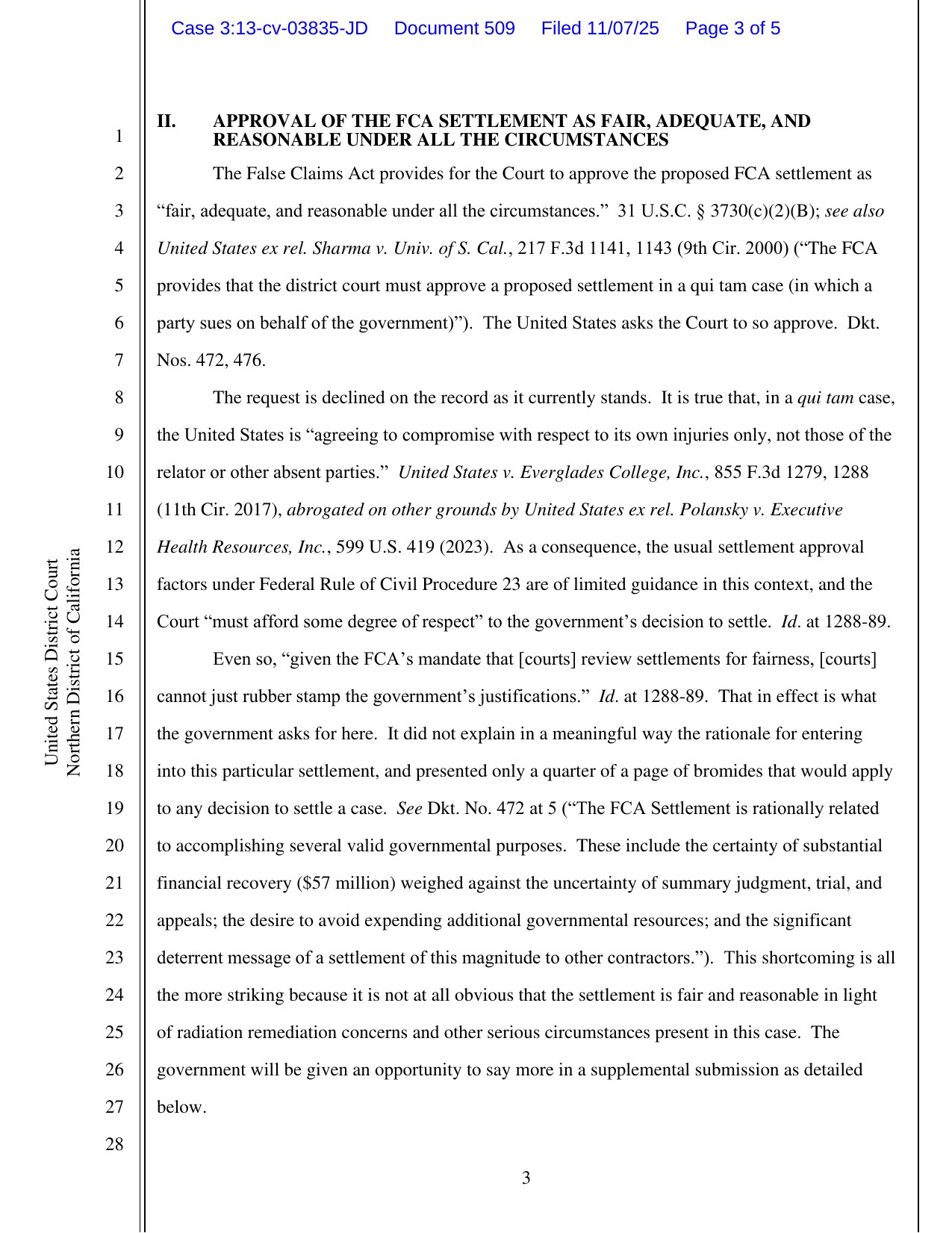 Page 3 of the November 7, 2025 order in United States ex rel. Jahr v. Tetra Tech EC, declining to approve the False Claims Act settlement