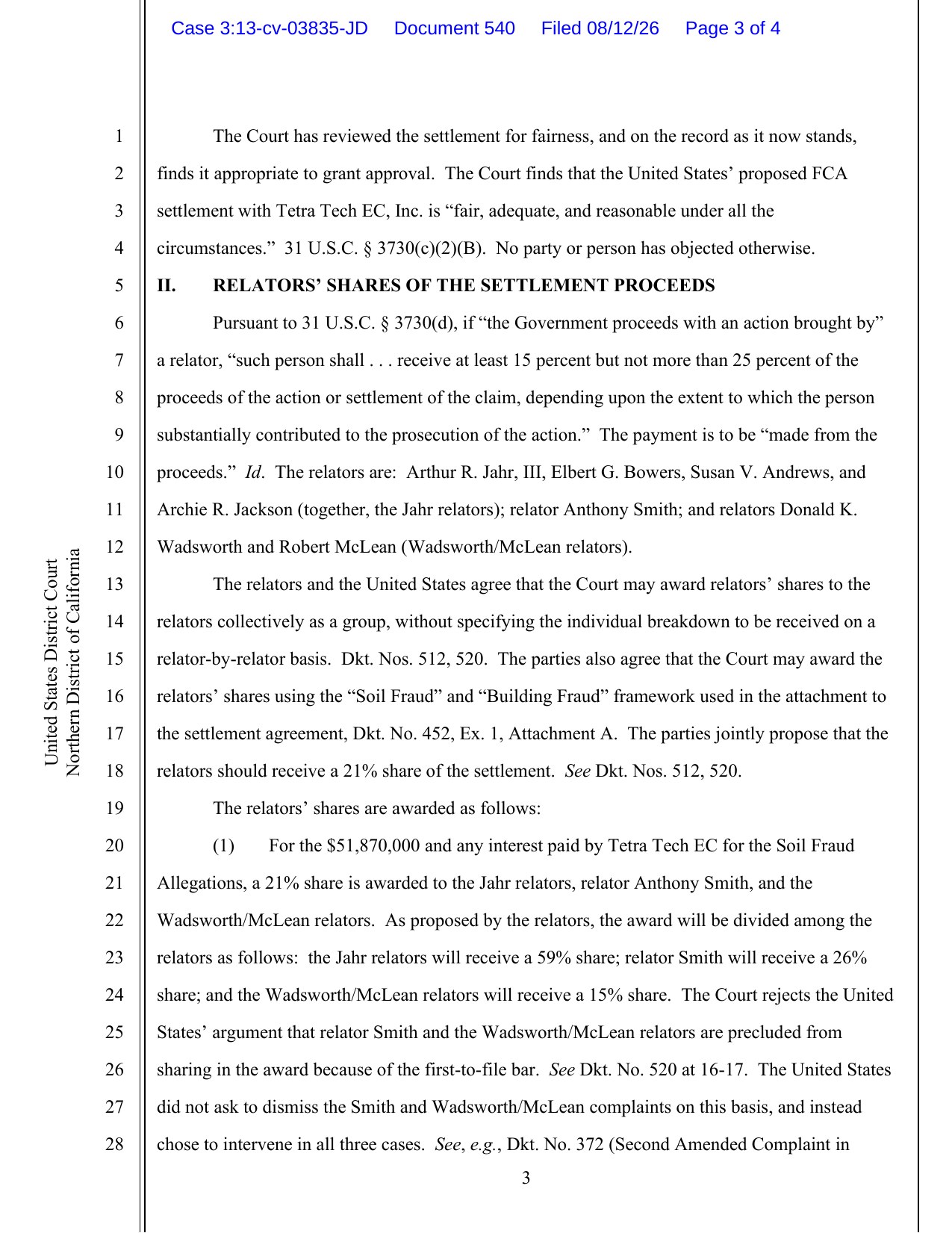 Page 3 of the August 12, 2026 second order approving the Tetra Tech False Claims Act settlement and awarding relators' shares