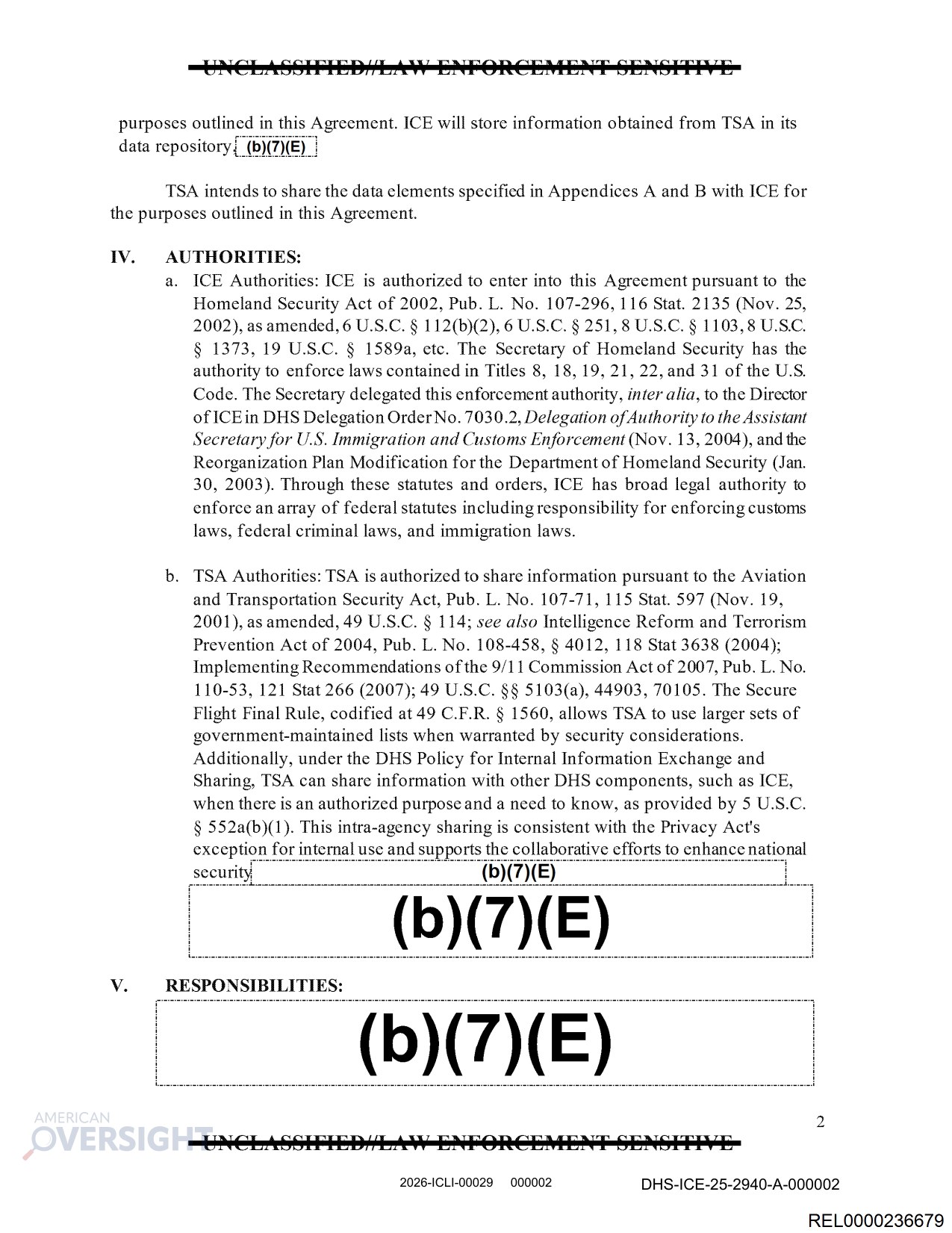 Page 2 of the TSA-ICE Memorandum of Agreement, showing the AUTHORITIES section citing the Secure Flight Final Rule at 49 CFR 1560 and the Privacy Act at 5 USC 552a(b)(1)