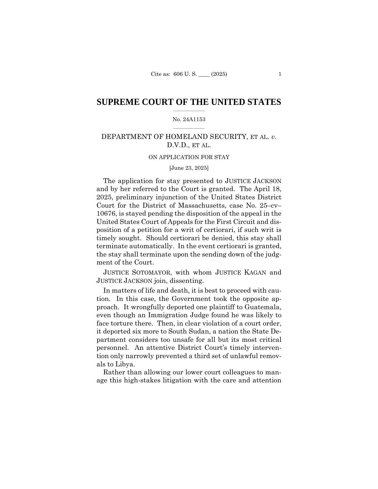 Page one of the Supreme Court's June 23, 2025 stay order in Department of Homeland Security v. D.V.D., No. 24A1153