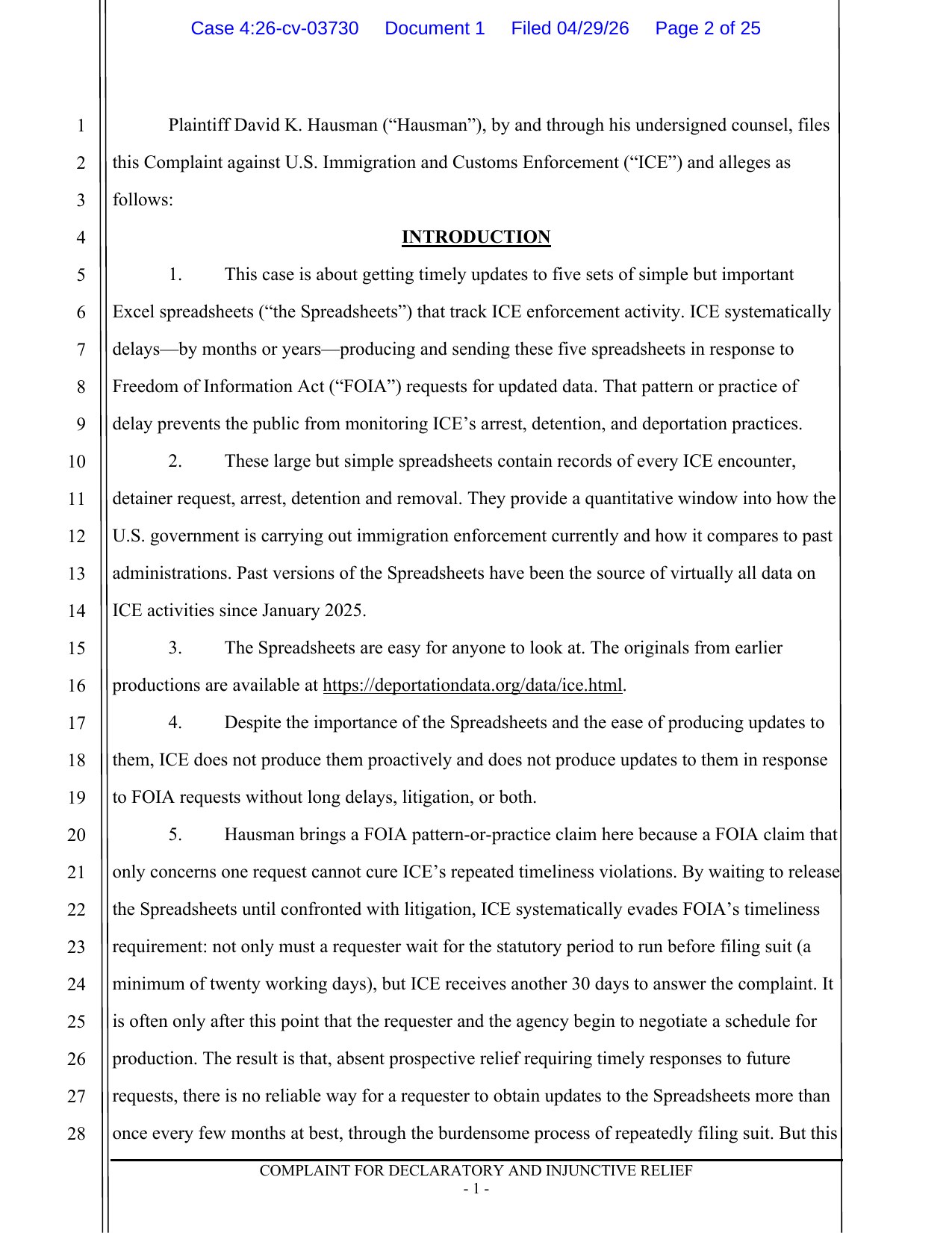 Page 2 of the Hausman v. ICE complaint, the introduction section describing ICE's pattern of delaying release of its enforcement spreadsheets