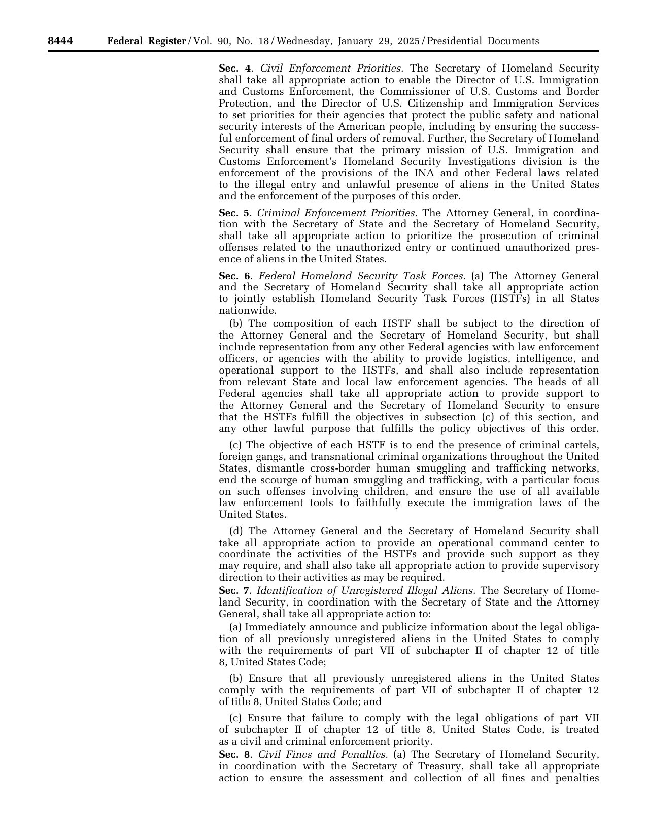 Page 8444 of the Federal Register showing Section 4, Civil Enforcement Priorities, of Executive Order 14159