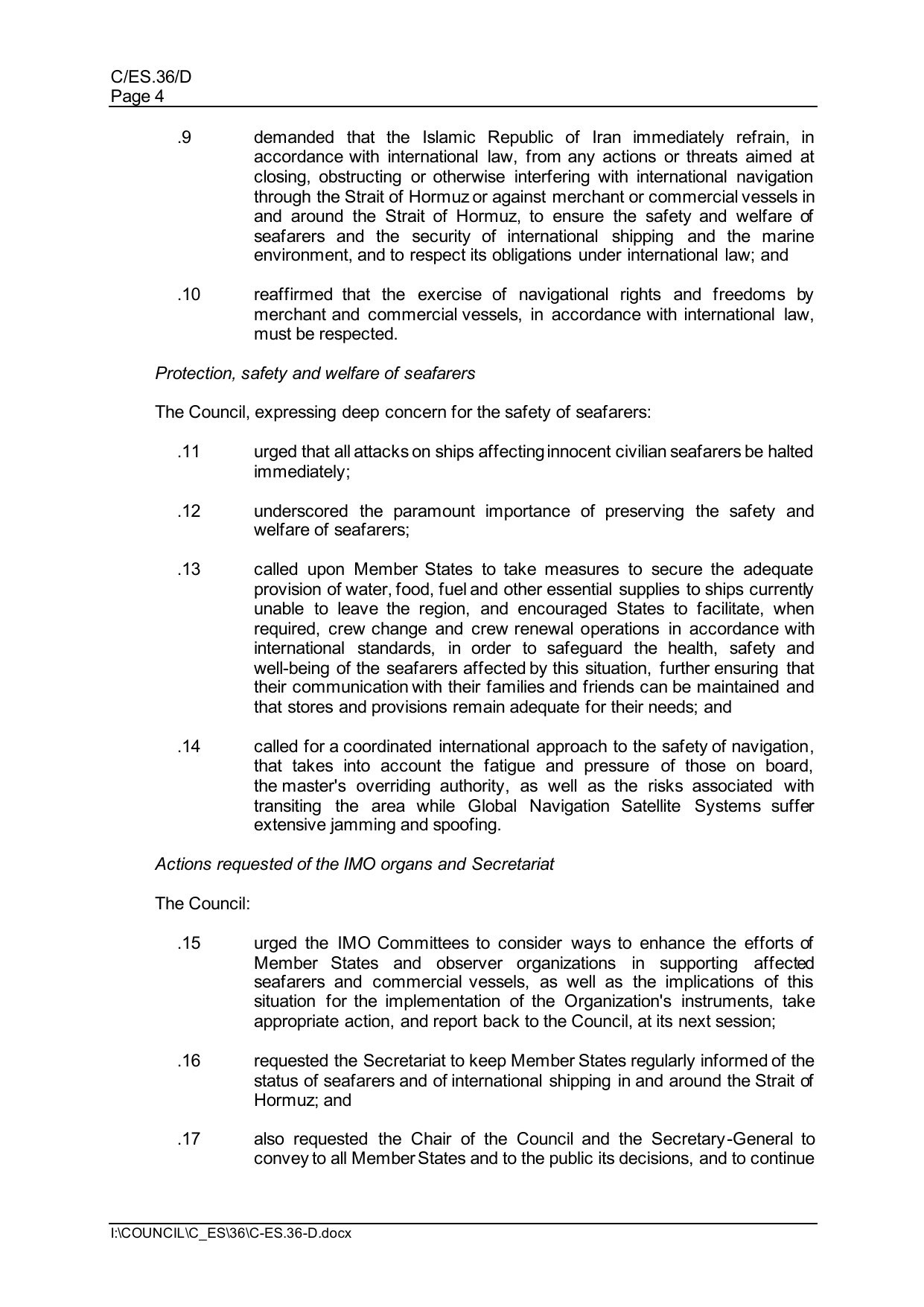 Page 4 of IMO Council document C/ES.36/D, showing paragraphs 9 and 10 demanding that Iran refrain from interfering with navigation through the Strait of Hormuz