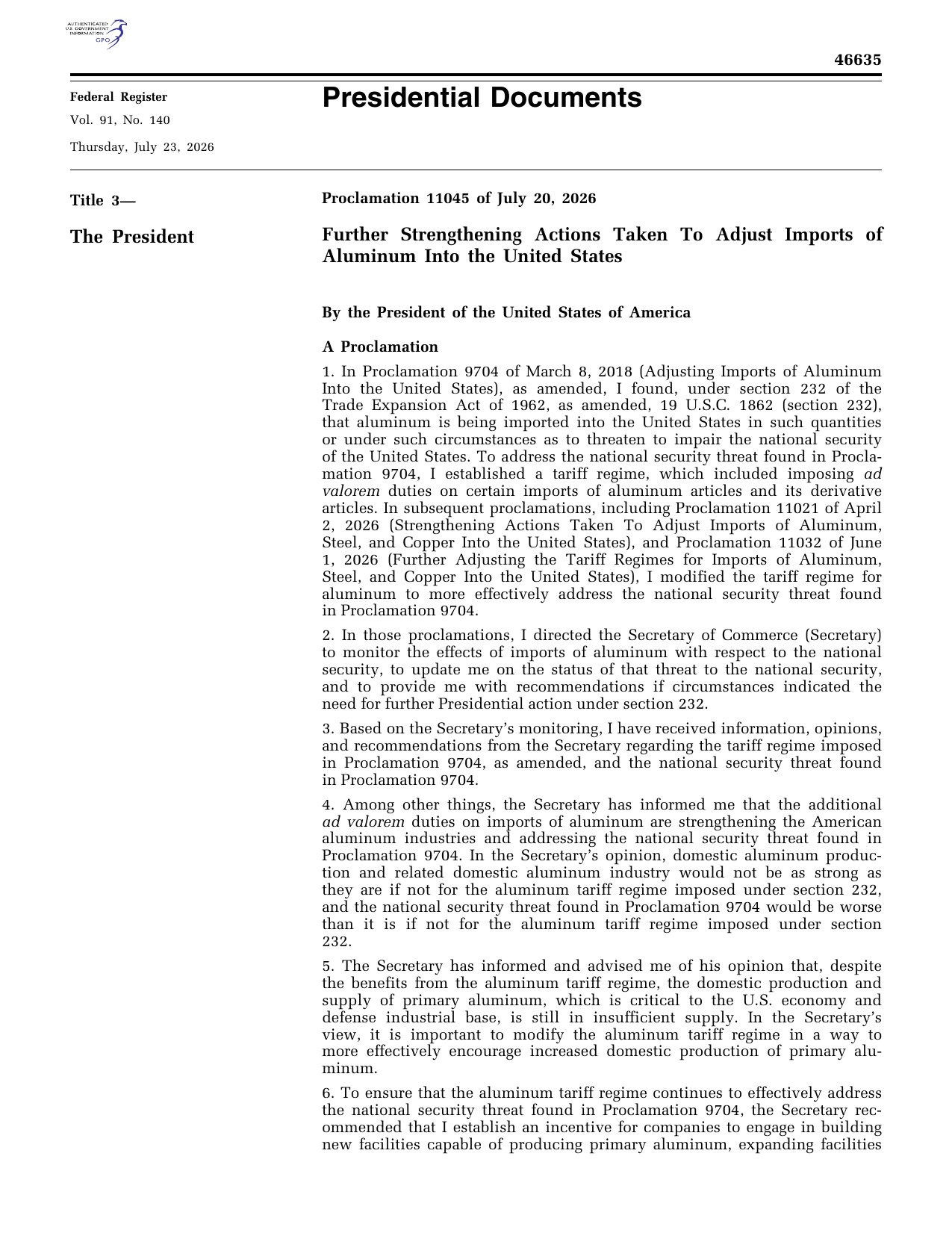 Page 1 of Proclamation 11045, Federal Register Vol. 91 No. 140, July 23, 2026
