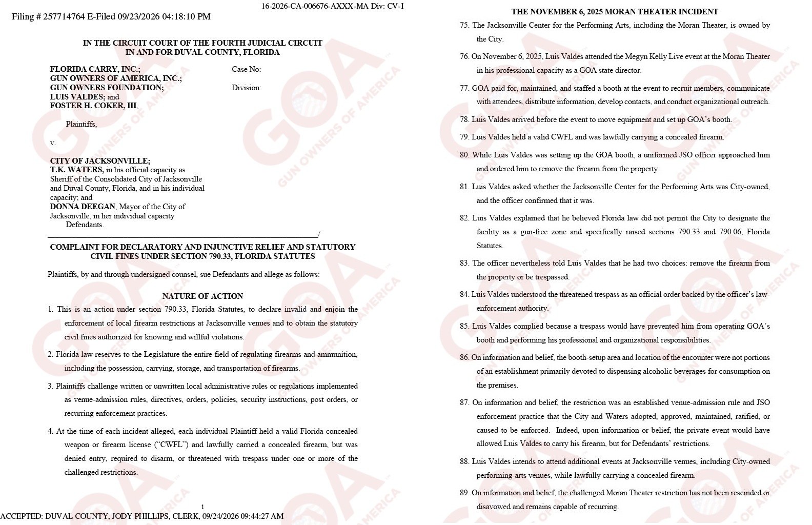 First page of the Florida Carry and Gun Owners of America complaint against the City of Jacksonville, alongside paragraphs 75 through 89 on the Moran Theater incident