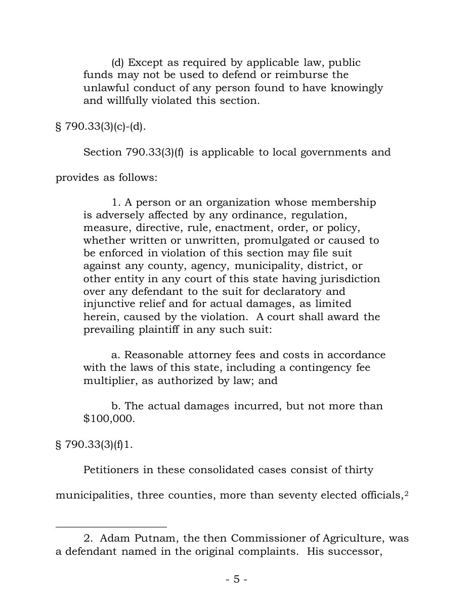 Page 5 of the Florida Supreme Court opinion in Fried v. State, quoting section 790.33(3)(d) and (3)(f)