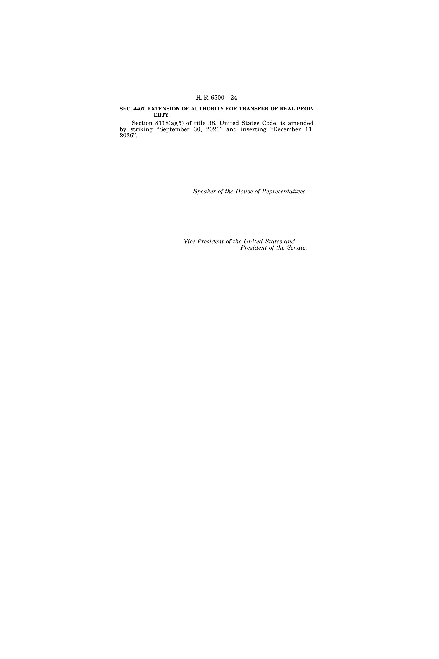 Page 24, the final page, of the enrolled H.R. 6500, showing Section 4407 and the blank signature lines for the Speaker of the House and the Vice President