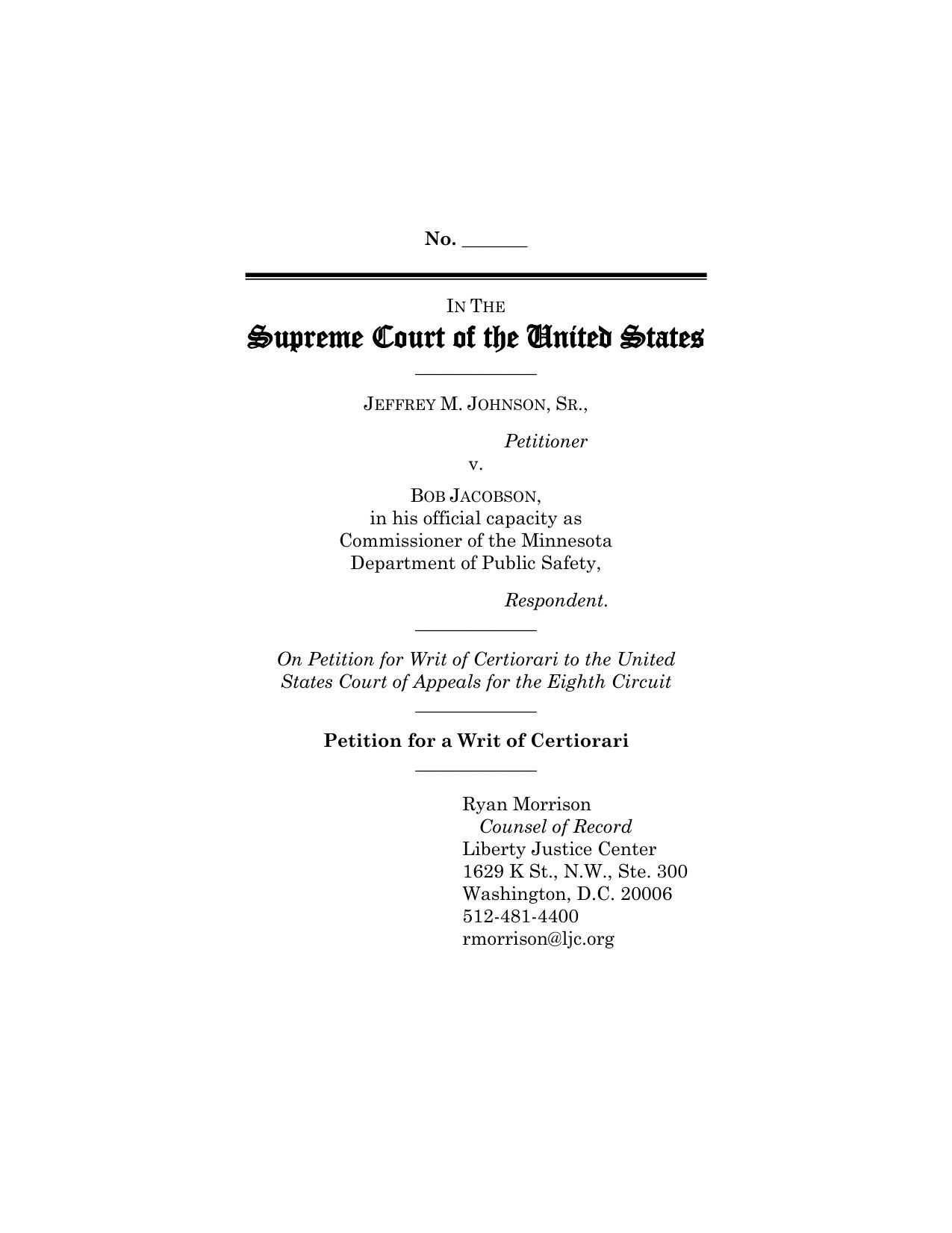 Cover page of the petition for a writ of certiorari in Johnson v. Jacobson, Supreme Court of the United States