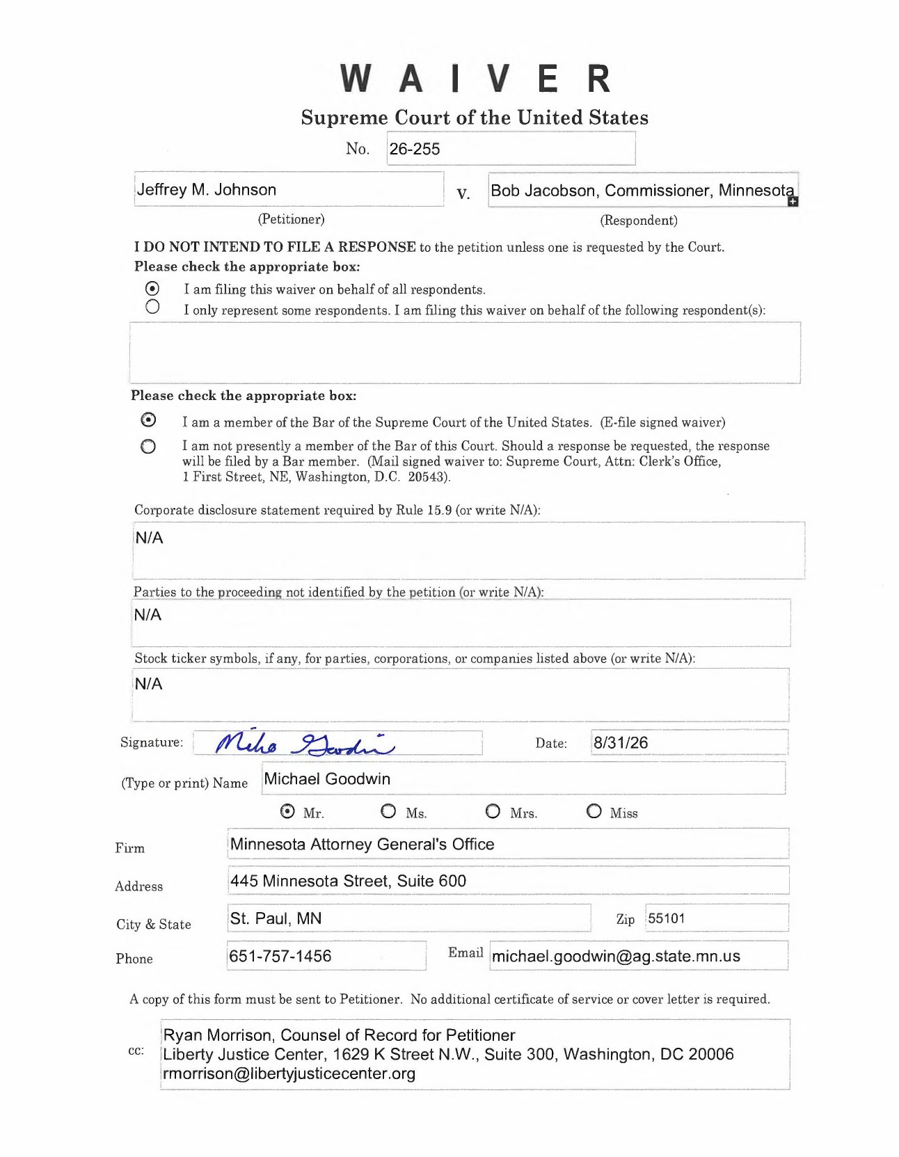 Minnesota's one-page waiver of the right to respond in Johnson v. Jacobson, No. 26-255