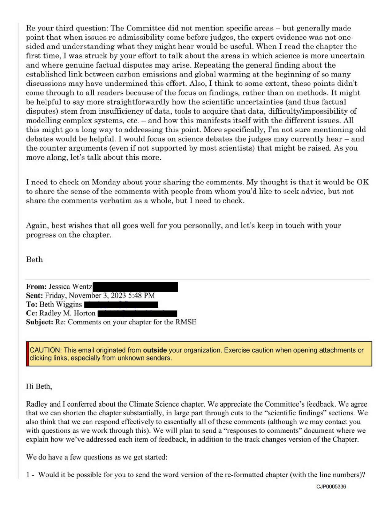 Page 3 of Exhibit 36, a Federal Judicial Center email asking the climate chapter authors to include counterarguments