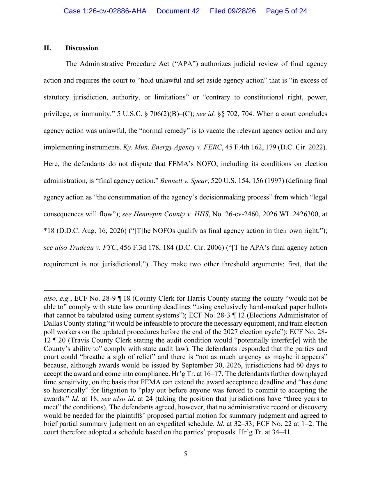 Page 5 of Judge Amir Ali's memorandum opinion in Nashville v. DHS, Case 1:26-cv-02886, showing footnote 1