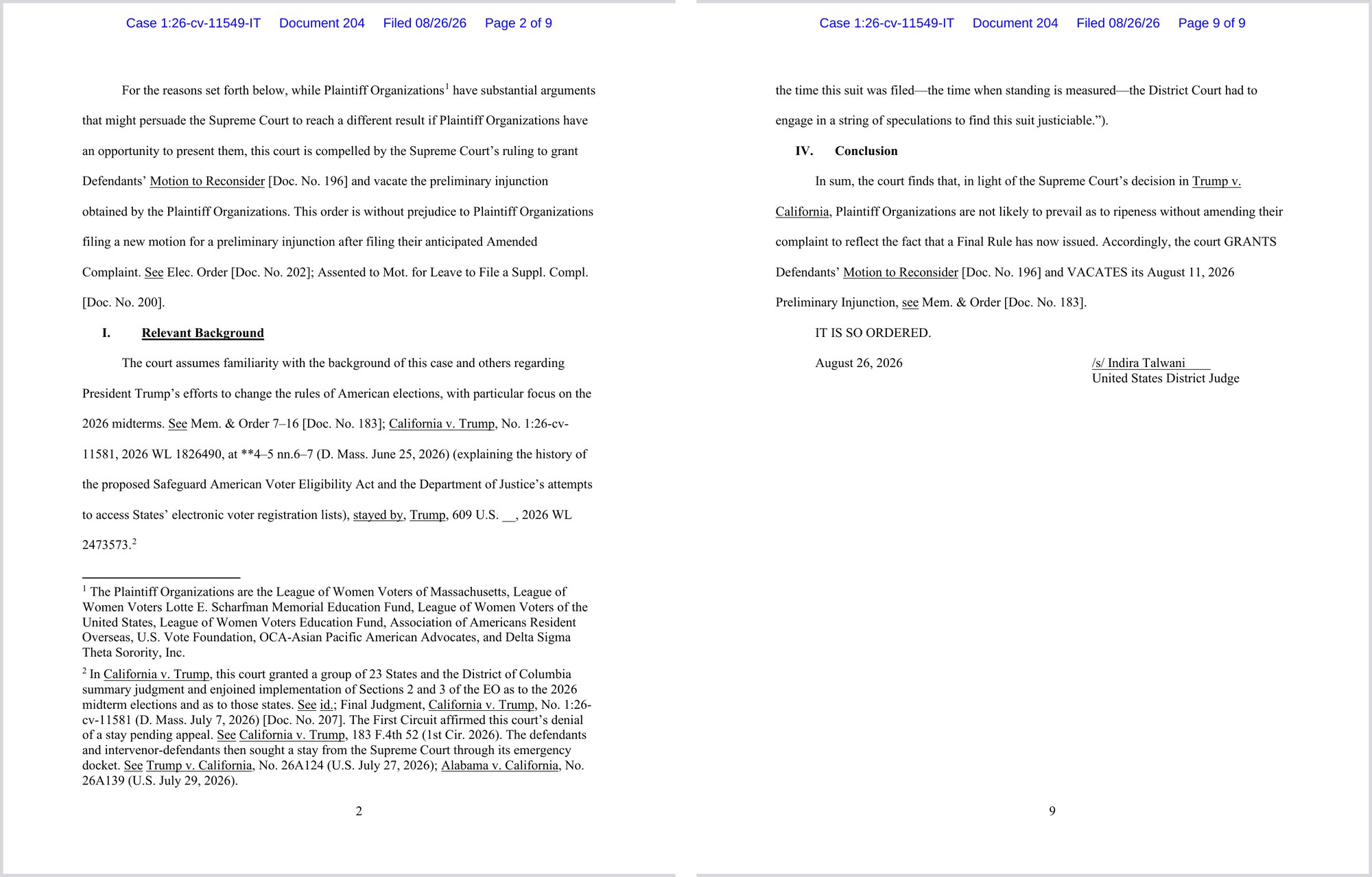 Page 2 and page 9 of Judge Indira Talwani's August 26, 2026 memorandum and order vacating the nationwide injunction in League of Women Voters of Massachusetts v. Trump, shown side by side