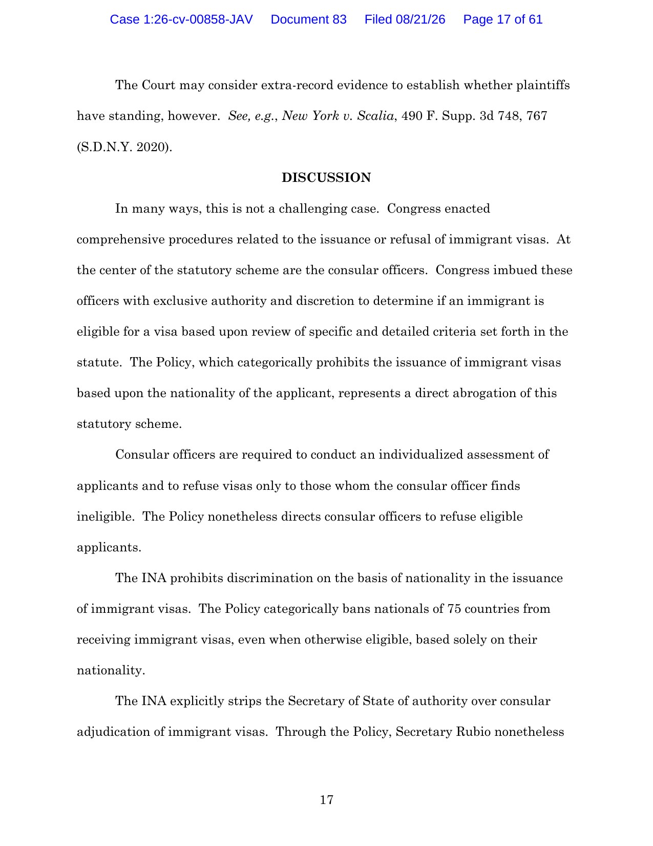 Page 17 of the Opinion and Order in Catholic Legal Immigration Network, Inc. v. Rubio, No. 1:26-cv-00858, U.S. District Court for the Southern District of New York