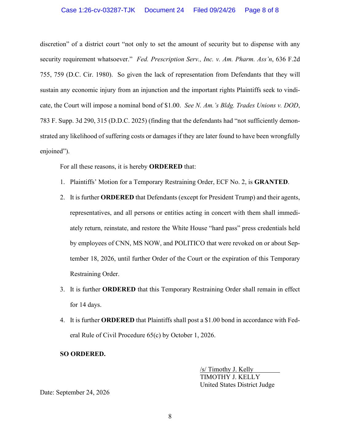 Page 8 of Judge Timothy Kelly's temporary restraining order in CNN v. Trump, showing the numbered order paragraphs and his signature