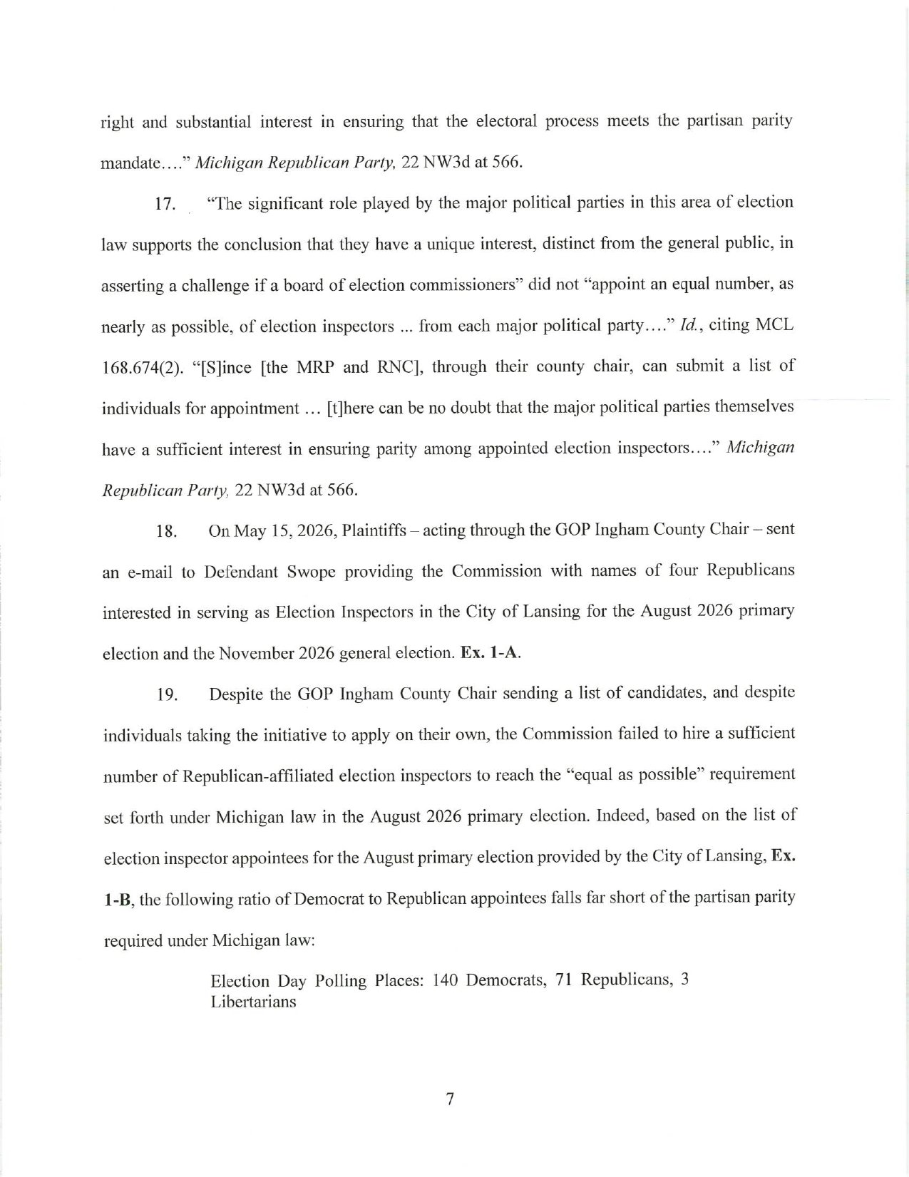 Page 7 of the Republican complaint against the Lansing Election Commission, showing paragraphs 17 through 19 and the Election Day count of 140 Democrats and 71 Republicans