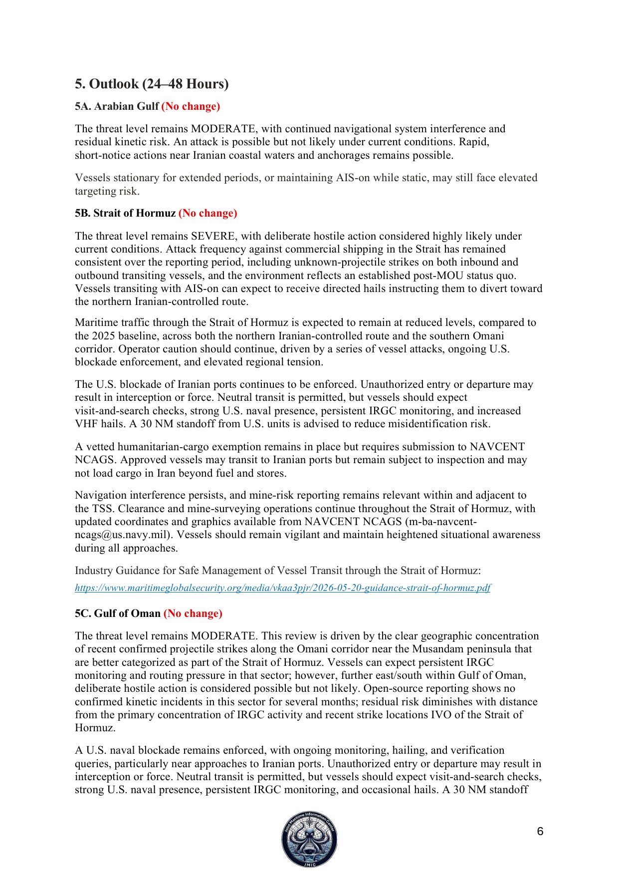 Update 091 to JMIC Advisory Note, 30 August 2026, page 6, showing the Strait of Hormuz outlook and threat level