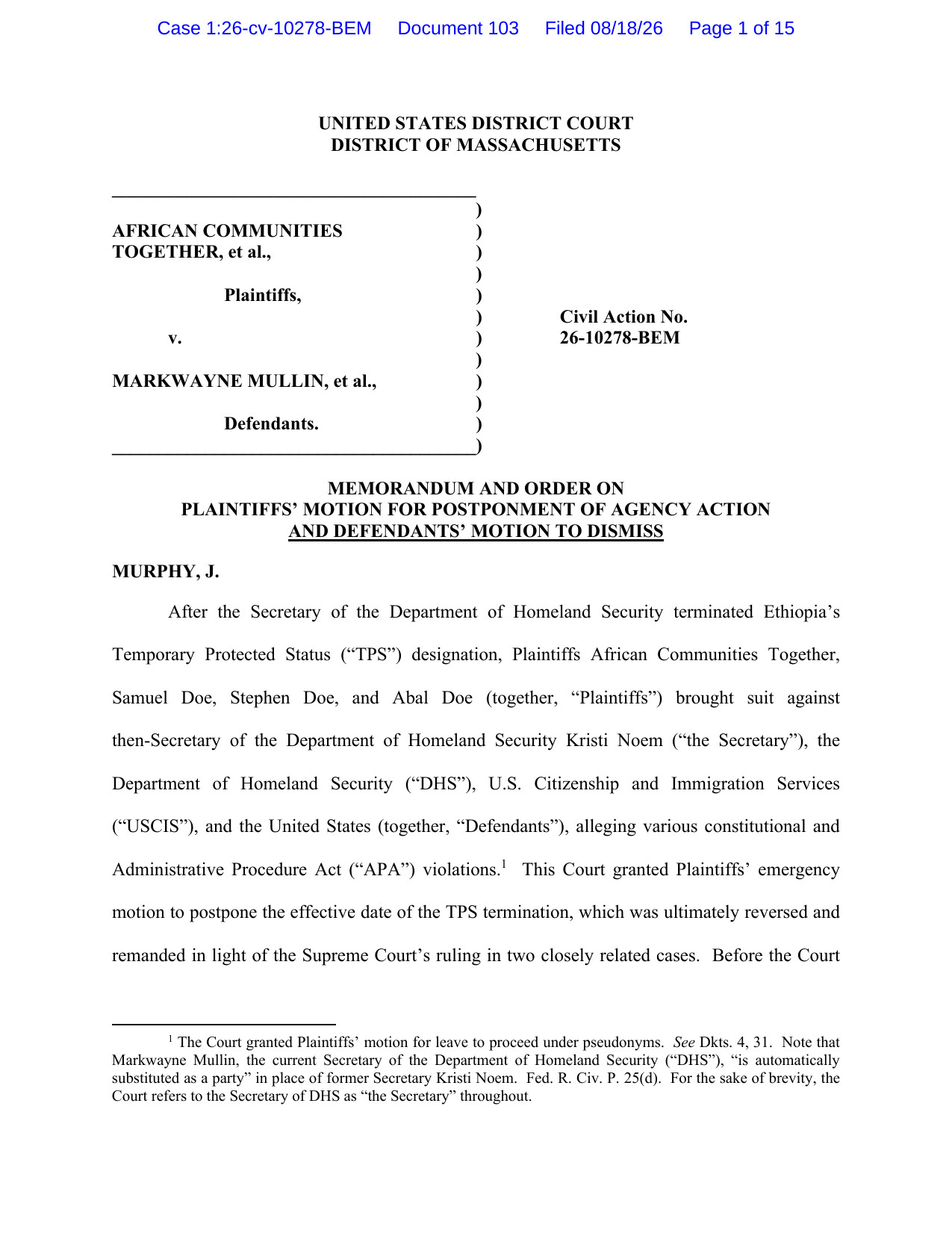 Page 1 of Judge Murphy's memorandum and order in African Communities Together v. Markwayne Mullin, Case No. 1:26-cv-10278-BEM