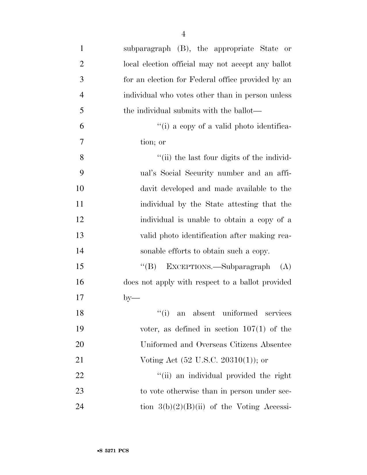 Page 4 of S. 5271, showing the photo ID requirement for mail and absentee ballots and its exceptions