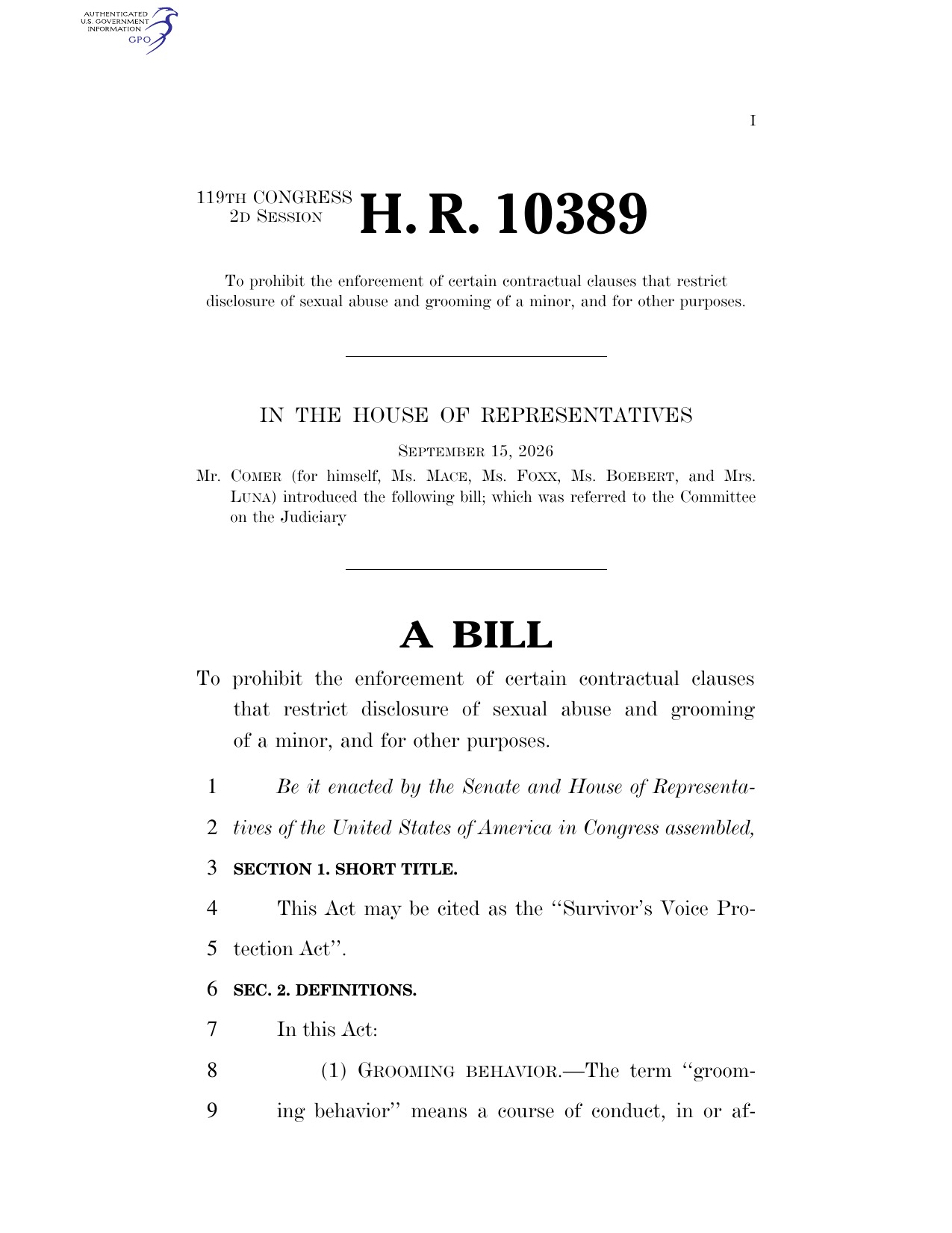 H.R. 10389, Survivor's Voice Protection Act, cover page