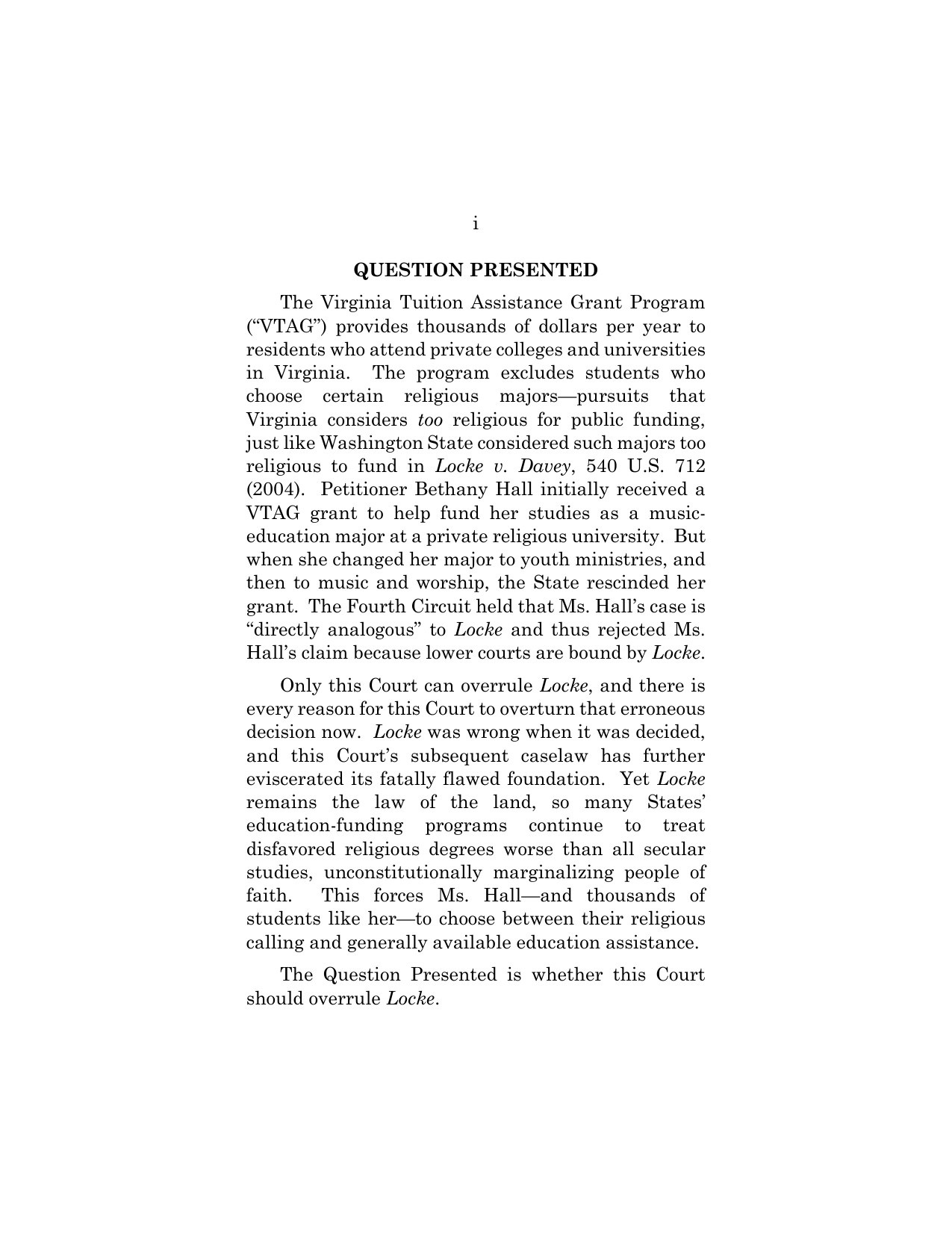 Question Presented page of the petition for a writ of certiorari in Hall v. Fleming, No. 26-193, U.S. Supreme Court