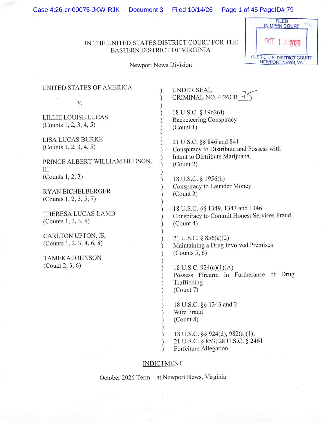 Indictment in United States v. Lucas, page 1, listing the seven defendants and eight counts
