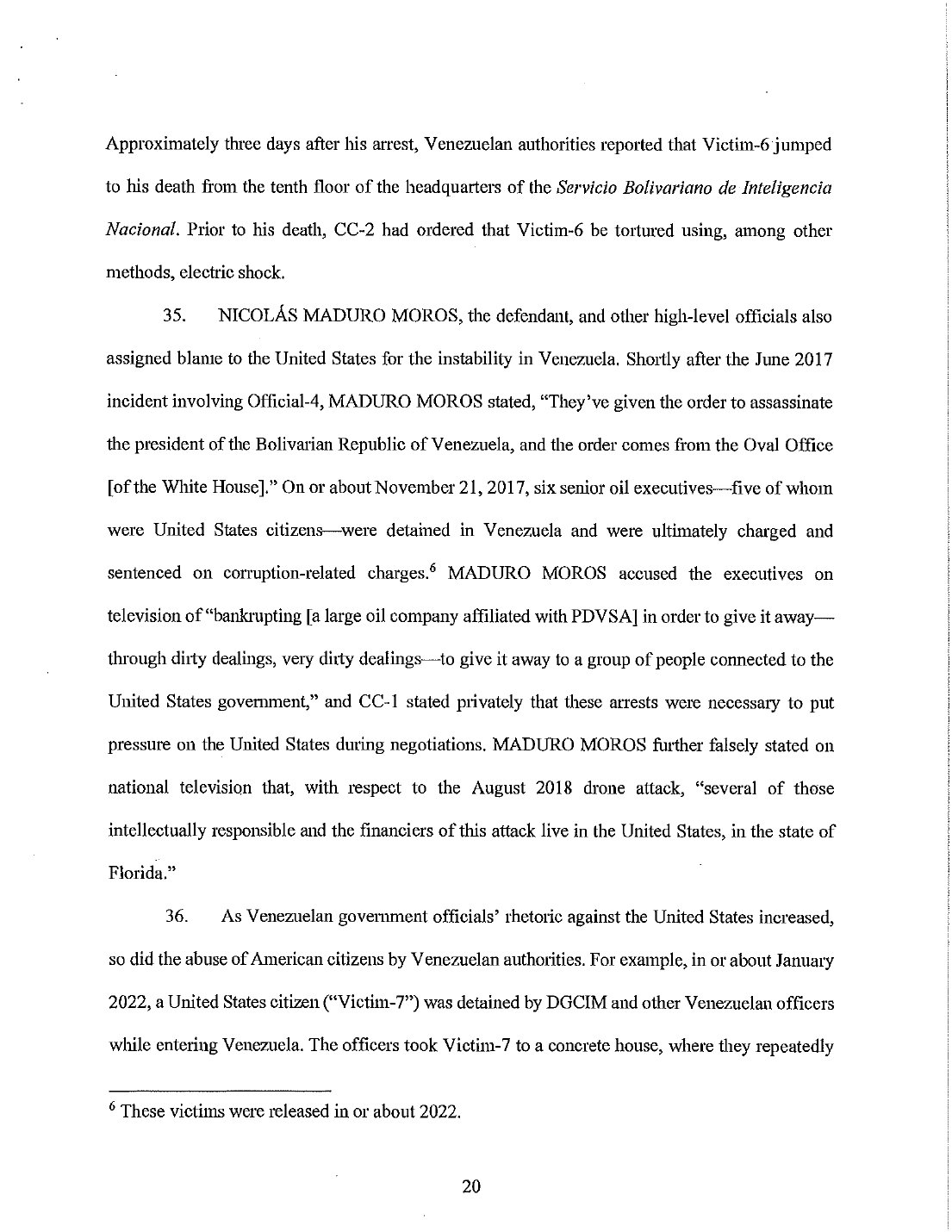 Page 20 of the Maduro superseding indictment, paragraph 35, describing the November 2017 arrest of six oil executives