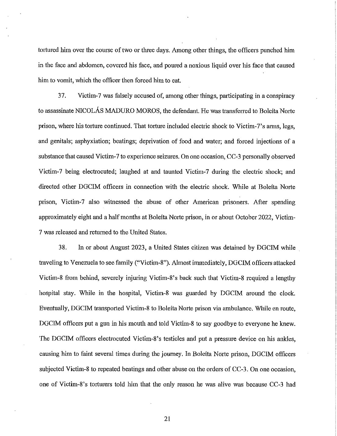 Page 21 of the Maduro superseding indictment, describing the torture of Victim-7 and Victim-8