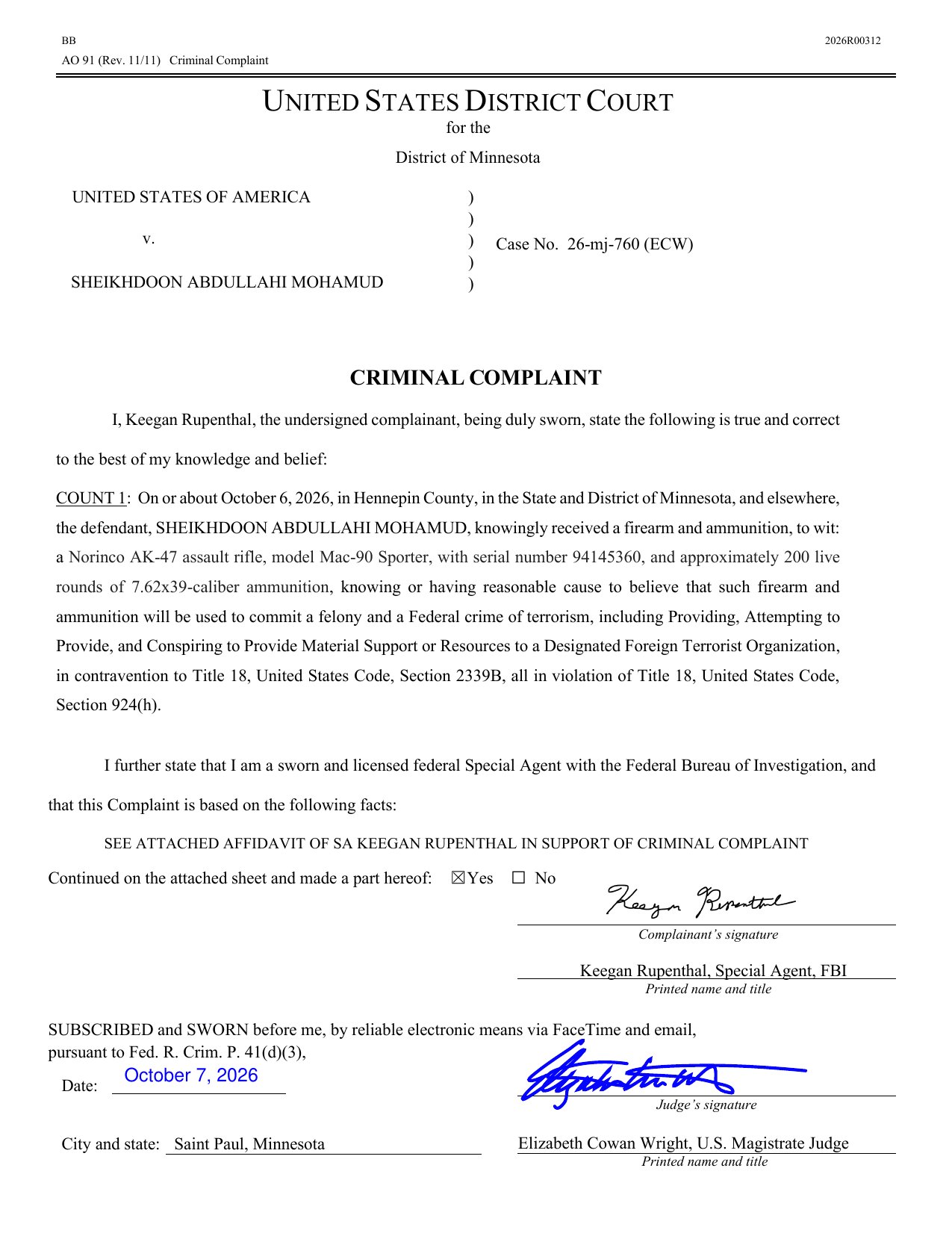 First page of the criminal complaint in United States v. Sheikhdoon Abdullahi Mohamud, District of Minnesota case 26-mj-760