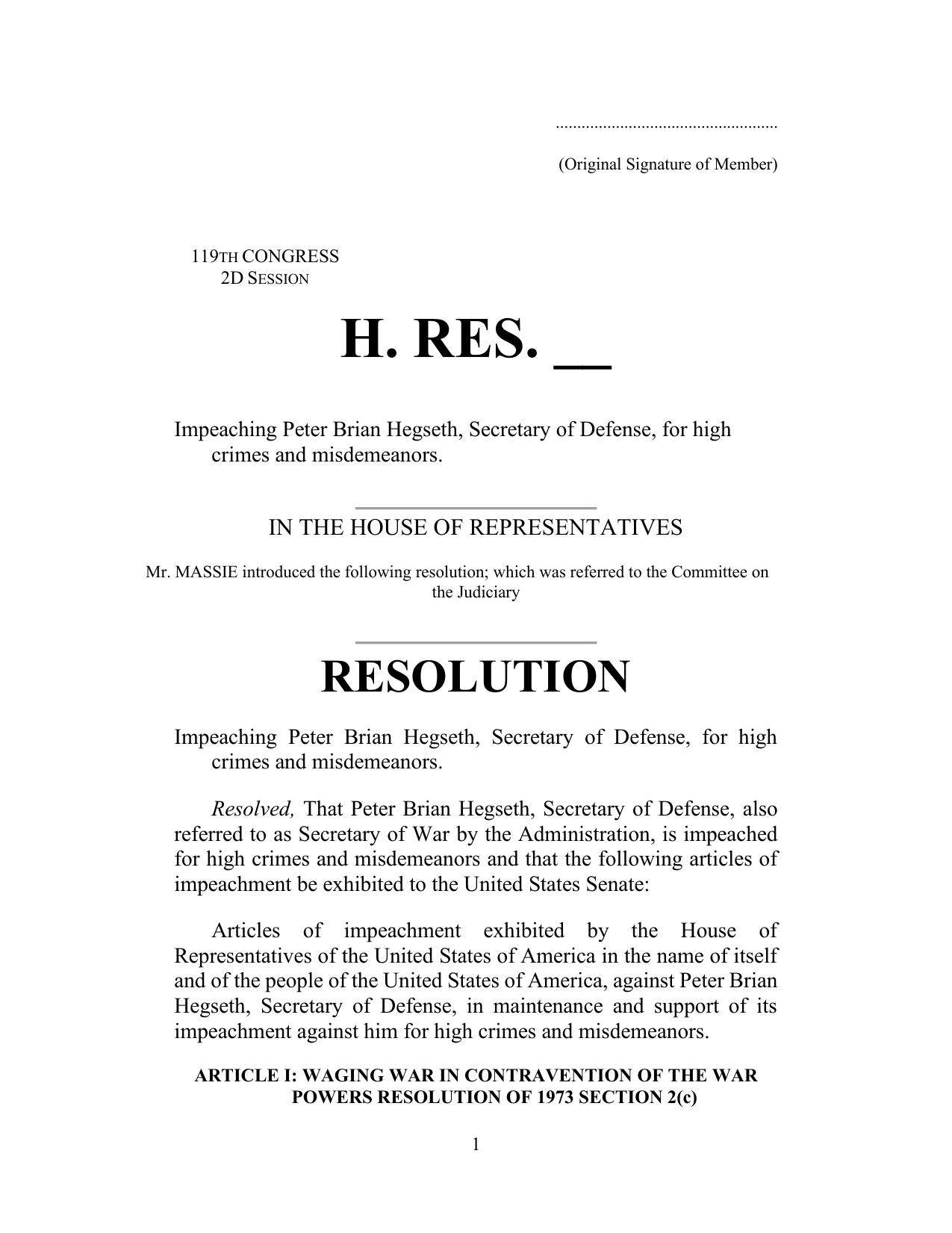 First page of Thomas Massie's articles of impeachment against Secretary of Defense Pete Hegseth