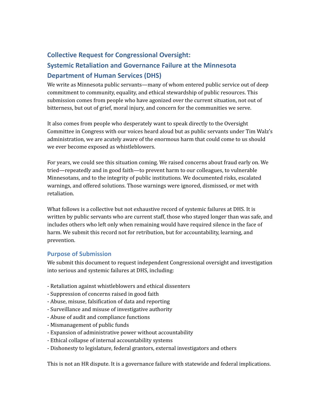 Page 1 of the Minnesota DHS employees' January 2026 letter to the House Oversight Committee