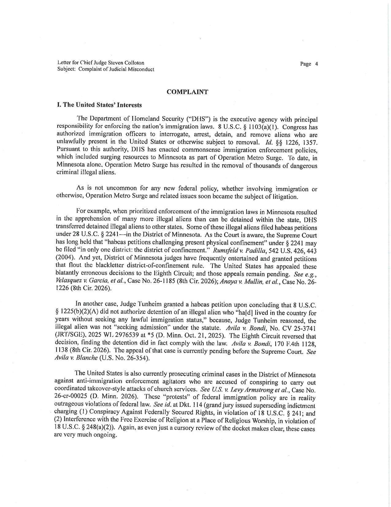 Page 4 of the DOJ judicial misconduct complaint letter, discussing Avila v. Bondi and Operation Metro Surge litigation