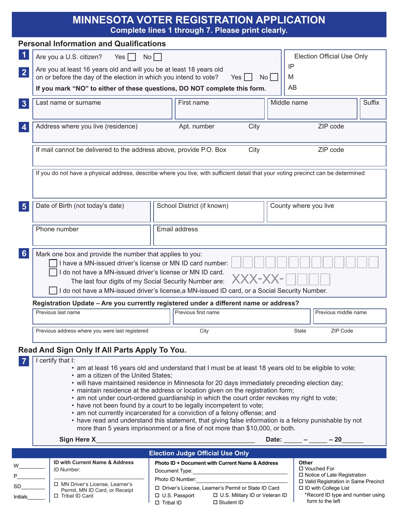 Page 1 of the Minnesota Election Day Voter Registration Application, showing the citizenship checkbox and the election judge proof boxes