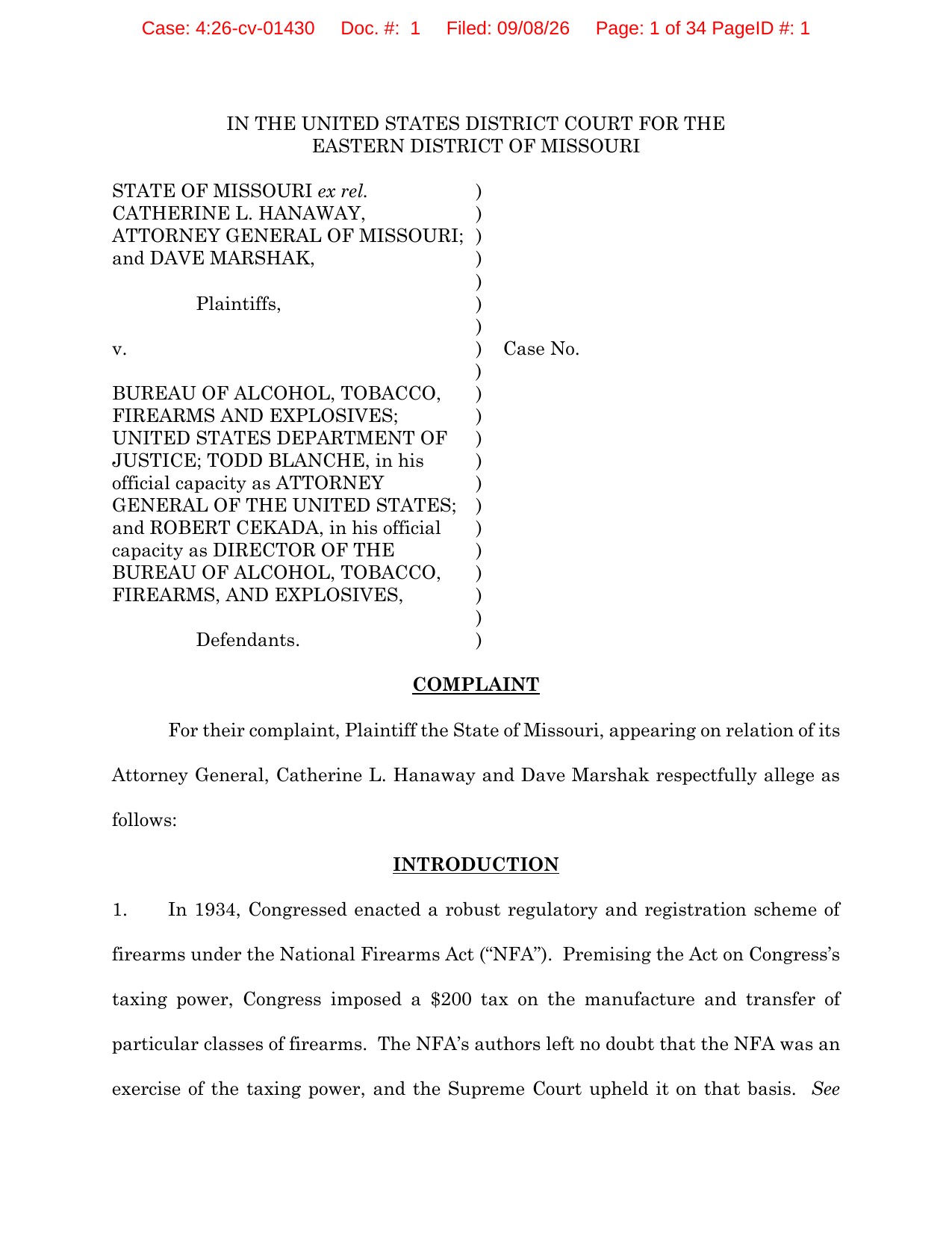 Page 1 of the Missouri v. ATF complaint filed September 8, 2026 in the U.S. District Court for the Eastern District of Missouri, captioned State of Missouri ex rel. Catherine L. Hanaway and Dave Marshak against the ATF, DOJ, Todd Blanche and Robert Cekada