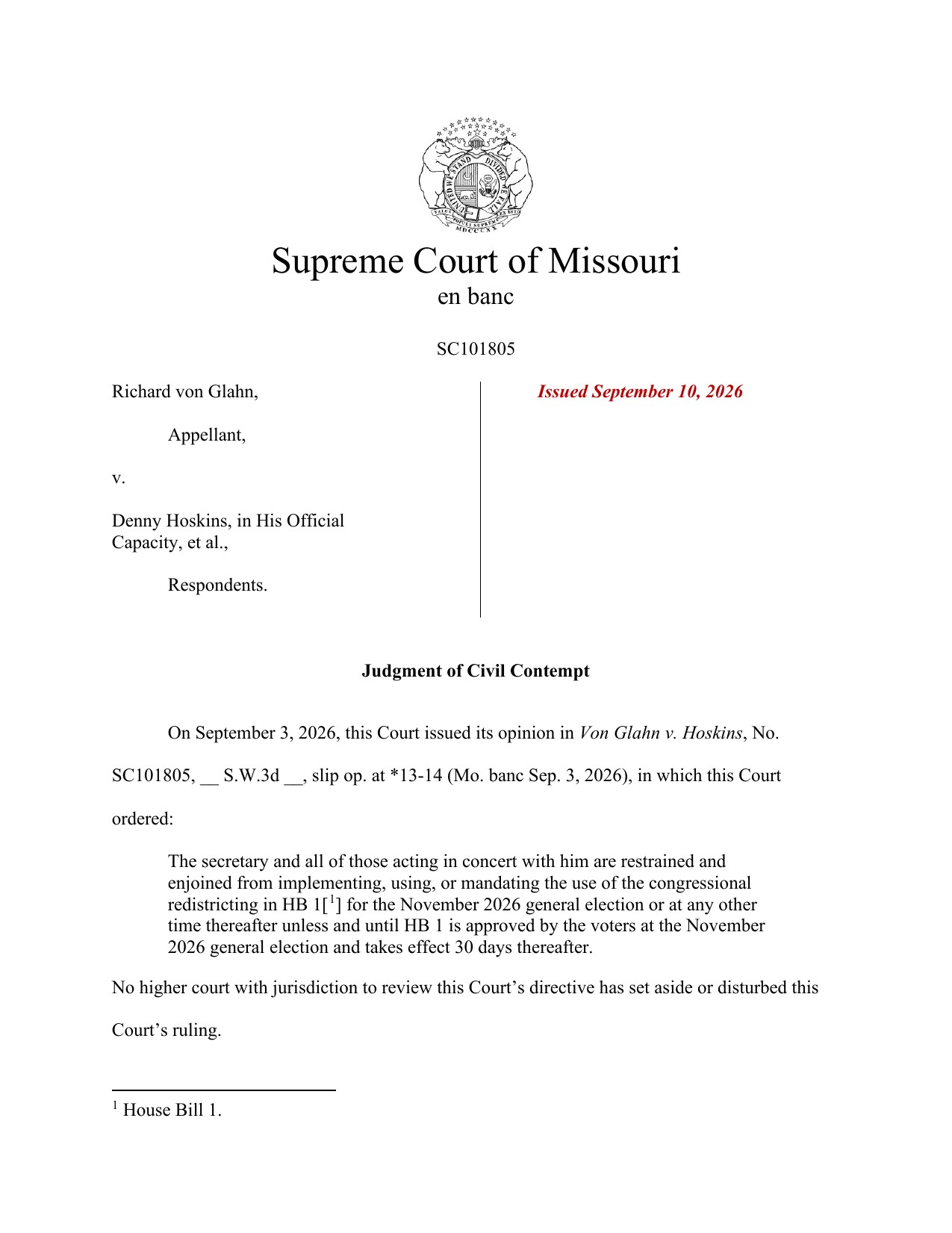 Cover page of the Missouri Supreme Court's Judgment of Civil Contempt in Von Glahn v. Hoskins, No. SC101805