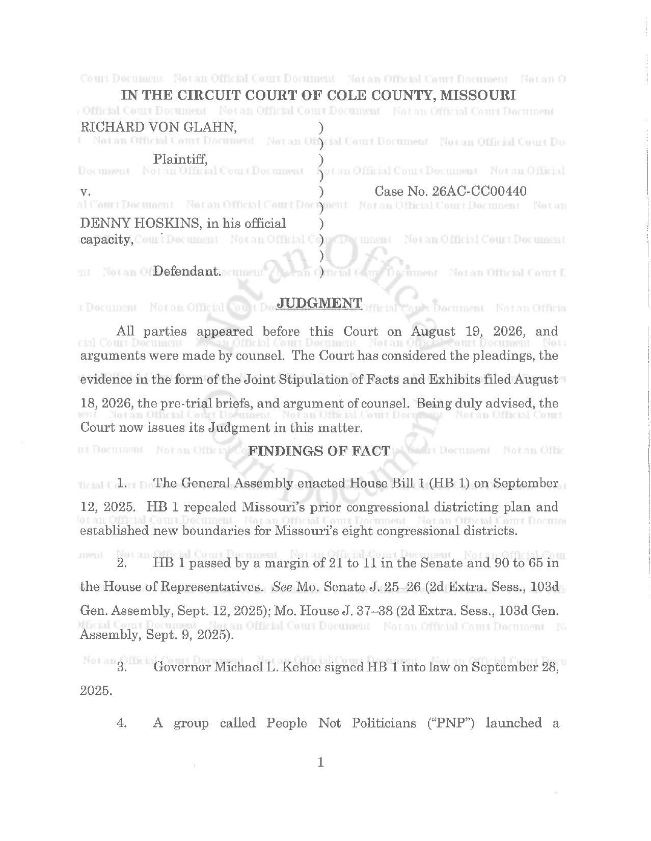 Page 1 of Judge Green's judgment in Richard von Glahn v. Denny Hoskins, Cole County Circuit Court case no. 26AC-CC00440