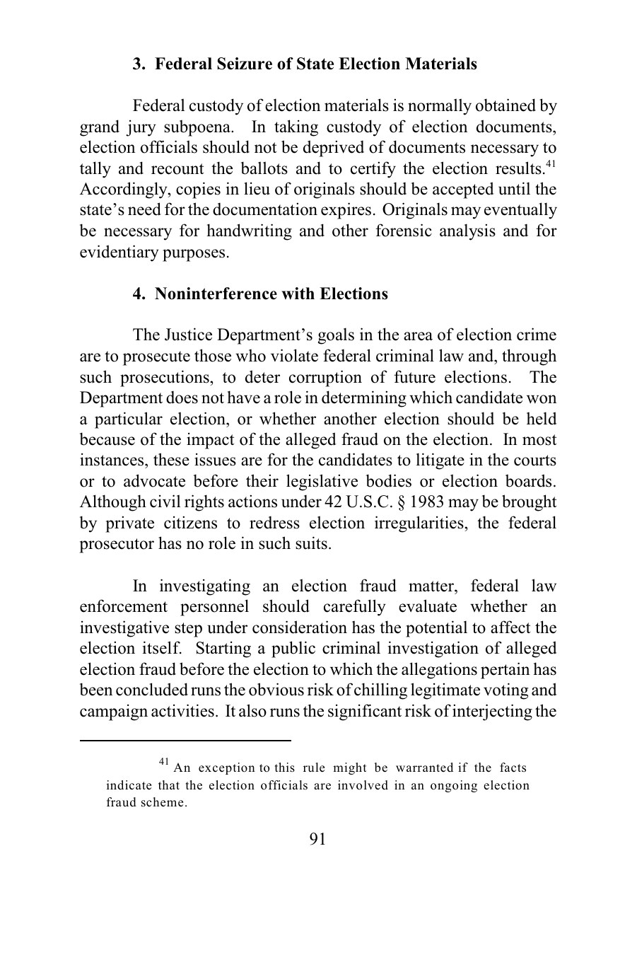 Page 91 of the Justice Department handbook Federal Prosecution of Election Offenses, showing section 4, Noninterference with Elections