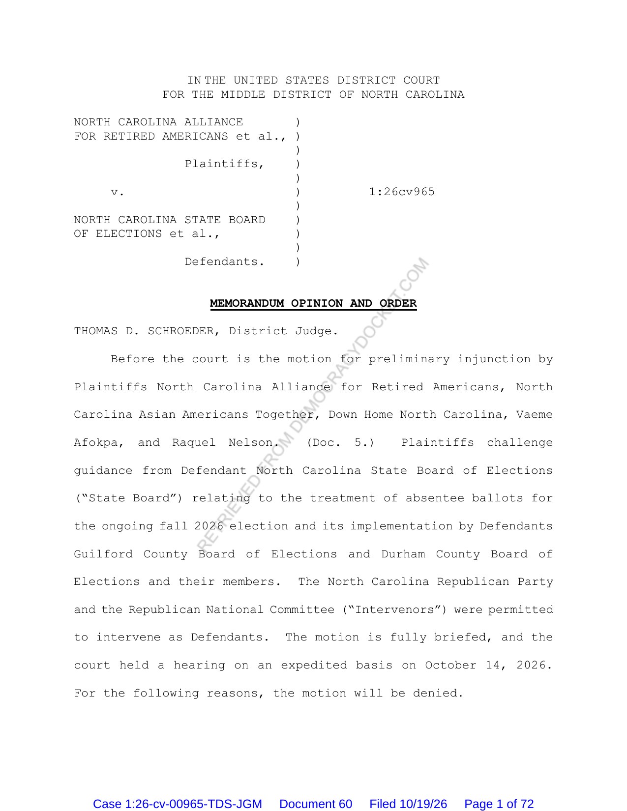 First page of the federal court order in North Carolina Alliance for Retired Americans v. State Board of Elections