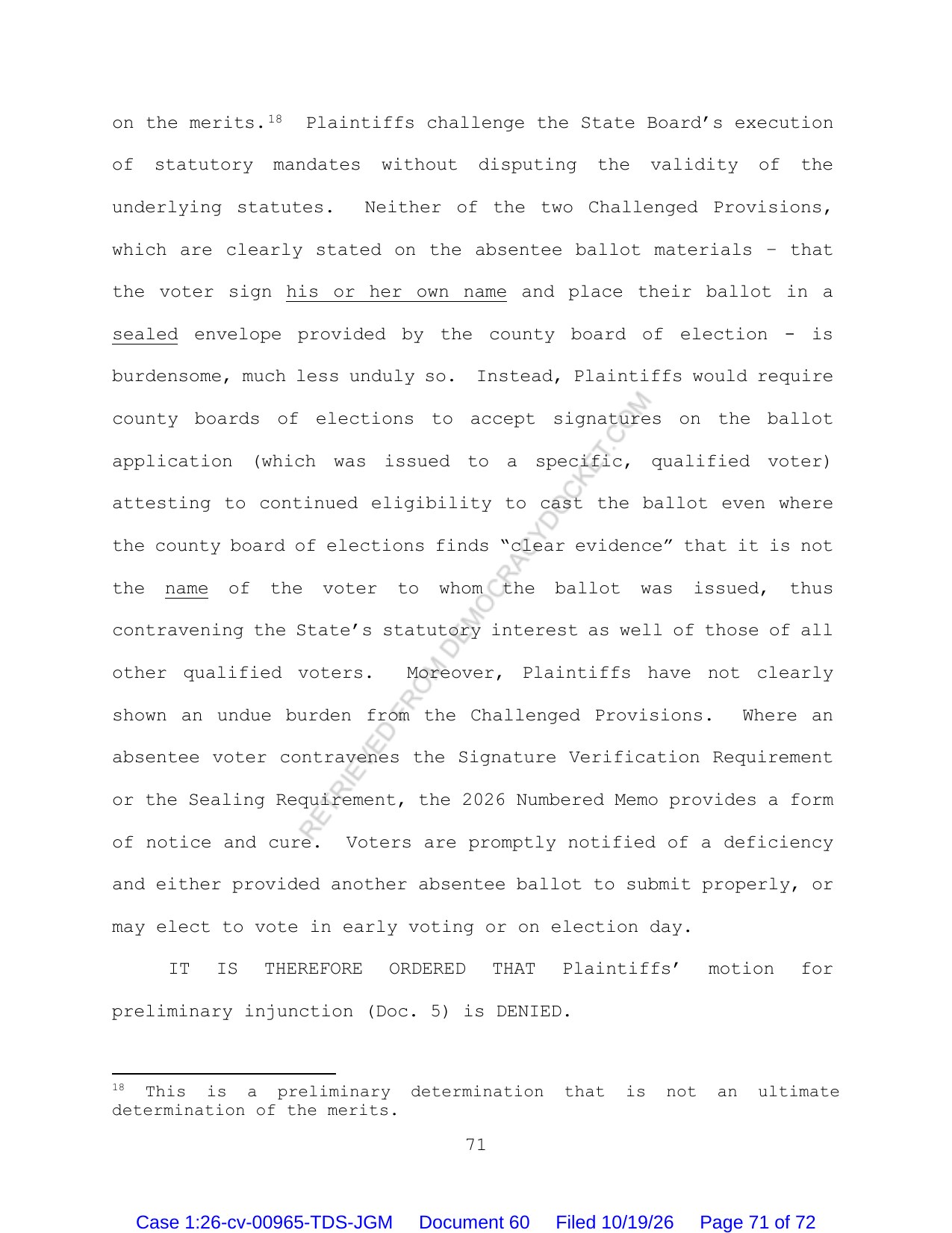 Page 71 of the federal court order denying a preliminary injunction against North Carolina's absentee ballot rules
