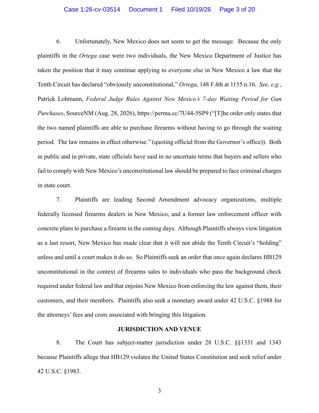 Page 3 of the NSSF v. Torrez complaint, Case 1:26-cv-03514, Document 1, filed 10/19/26