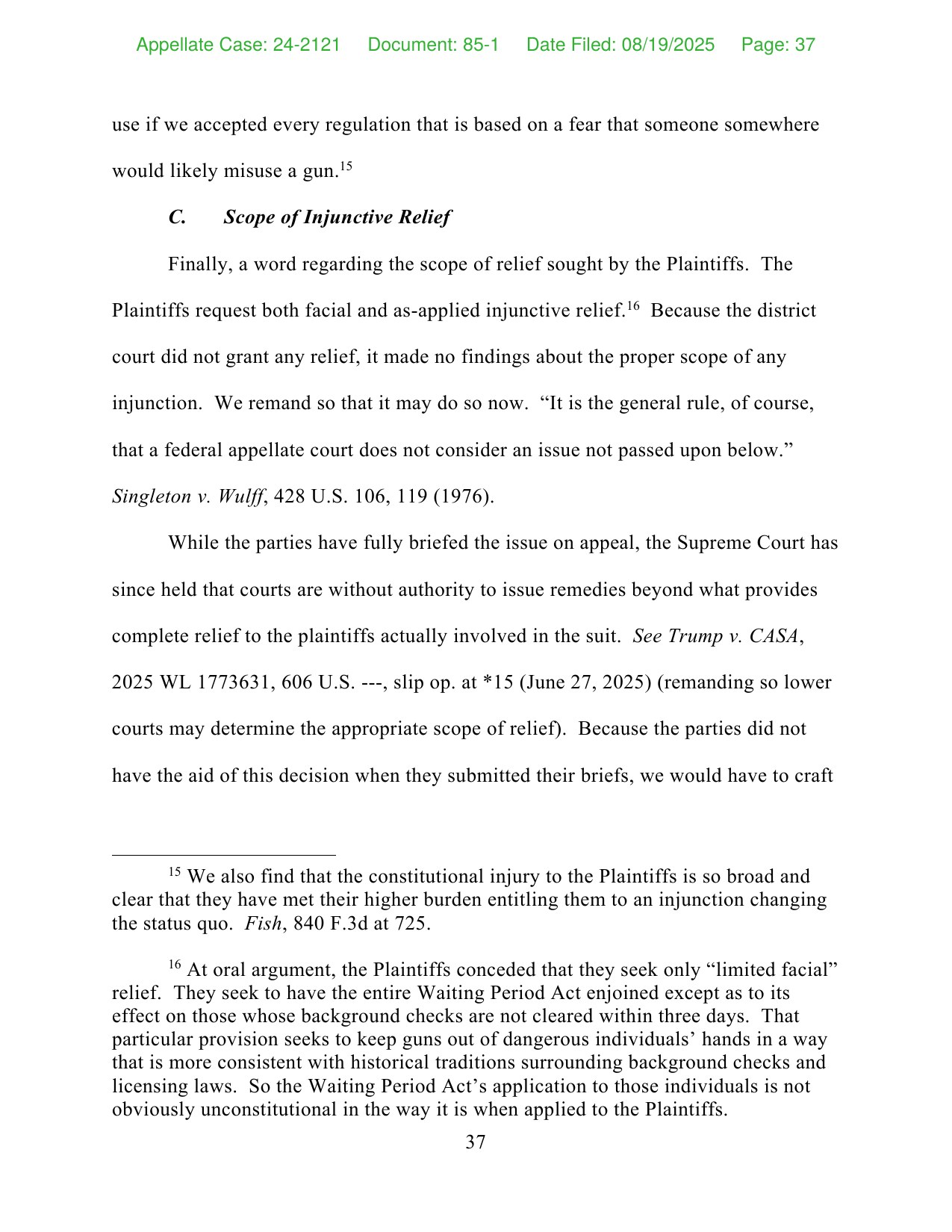 Page 37 of the Tenth Circuit opinion in Ortega v. Lujan Grisham showing the section on scope of injunctive relief and footnote 16