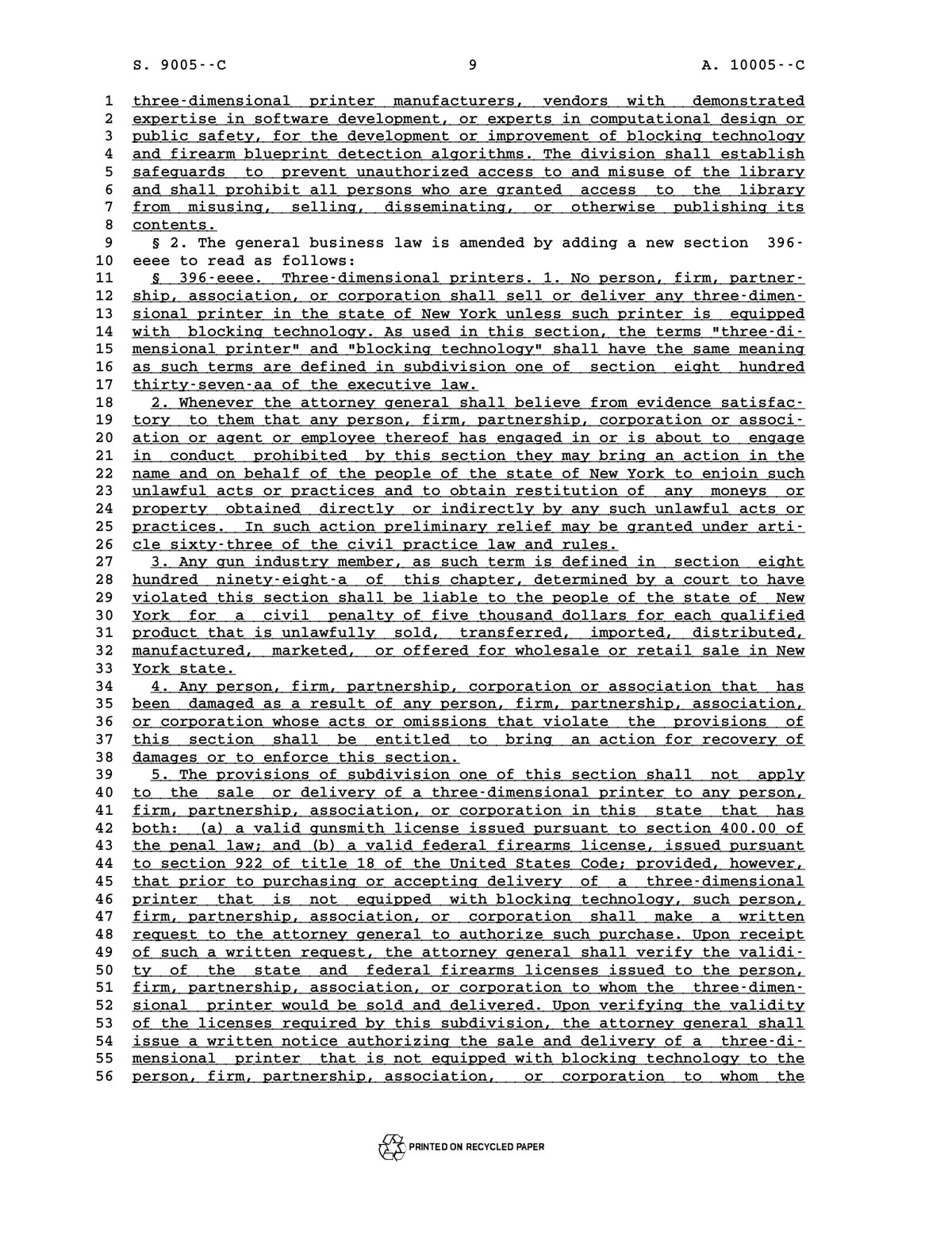 Page 9 of New York Assembly bill A10005-C, showing new General Business Law section 396-eeee on three-dimensional printers