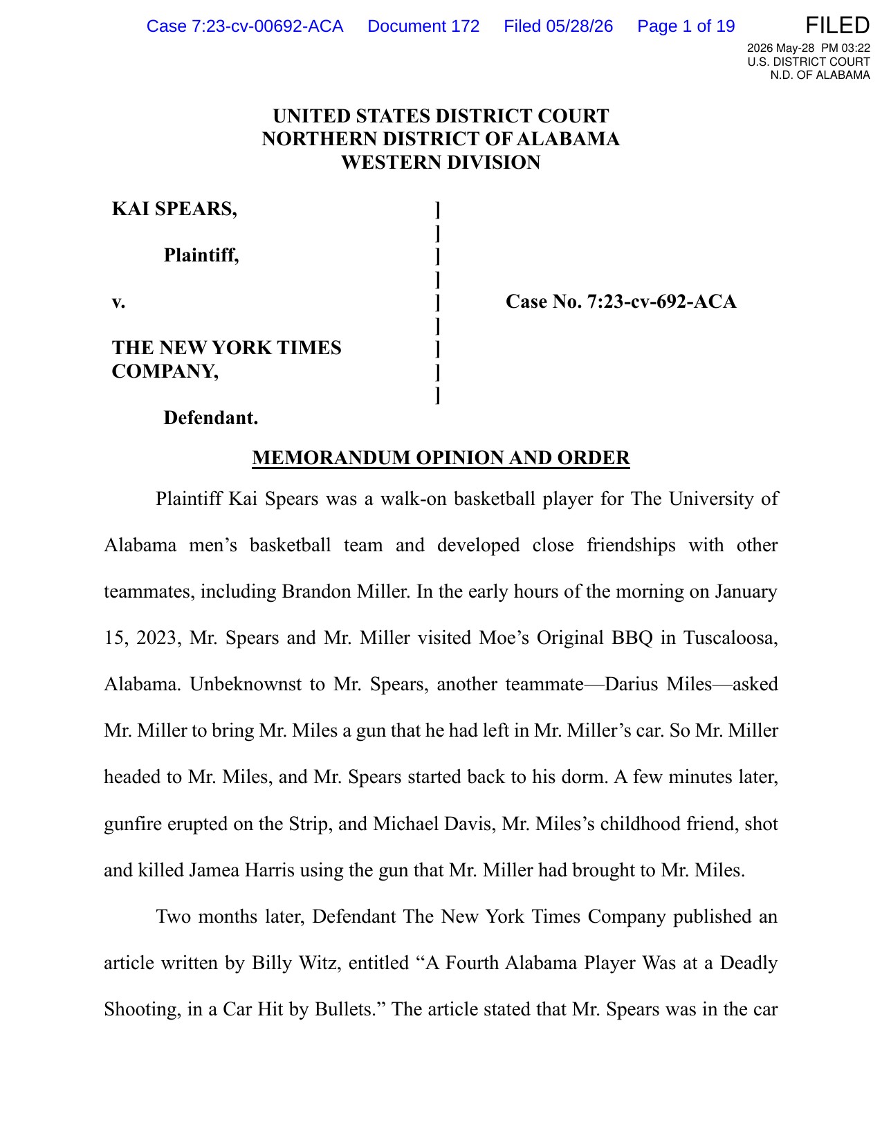 Page 1 of the May 28, 2026 memorandum opinion and order in Kai Spears v. The New York Times Company, Case No. 7:23-cv-692-ACA
