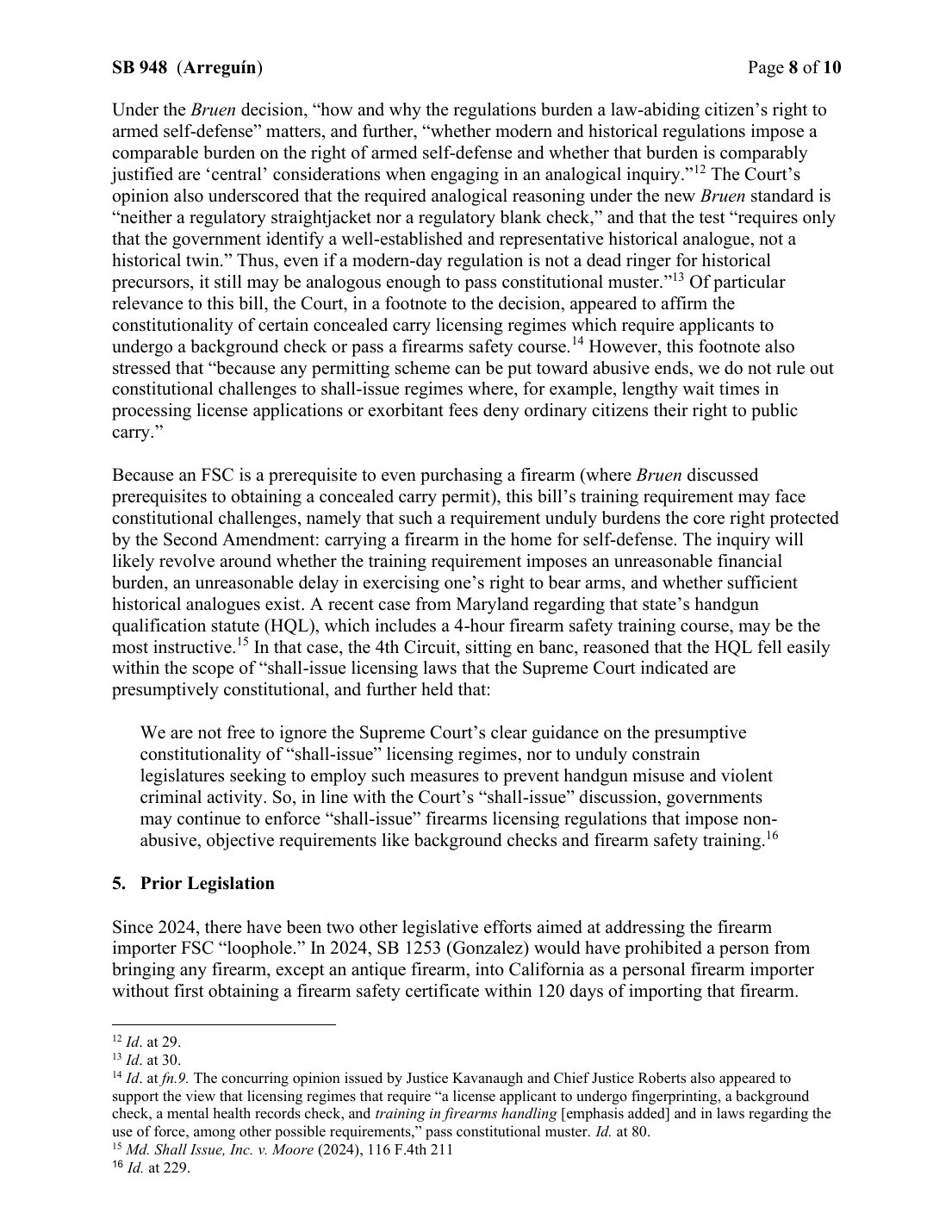 Page 8 of the California Senate Public Safety Committee analysis of SB 948, discussing constitutional considerations under Bruen