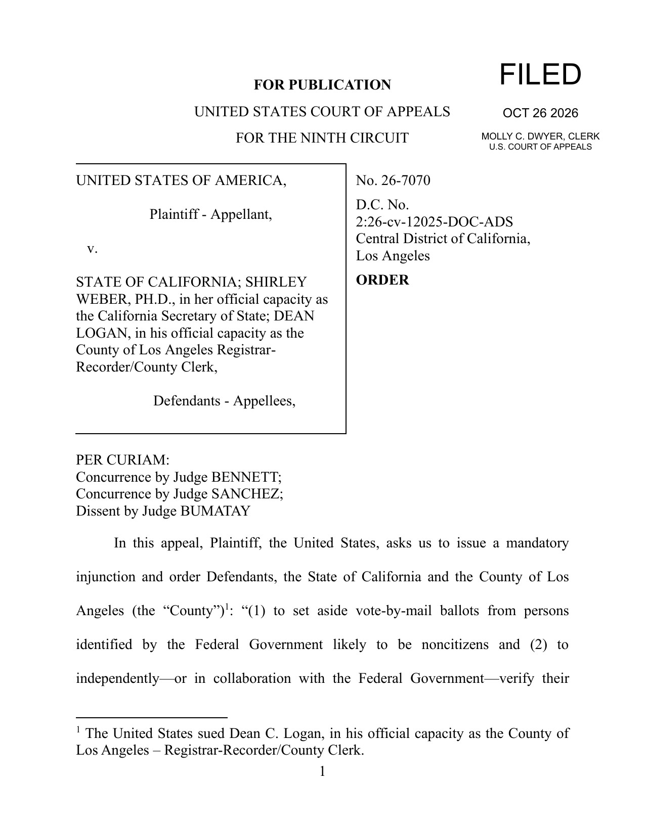 First page of the Ninth Circuit's Oct. 26, 2026 order in United States v. State of California, No. 26-7070