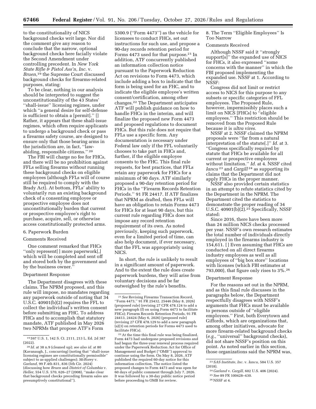Federal Register page 67466, October 27, 2026, with the Department's response to NSSF on eligible employees