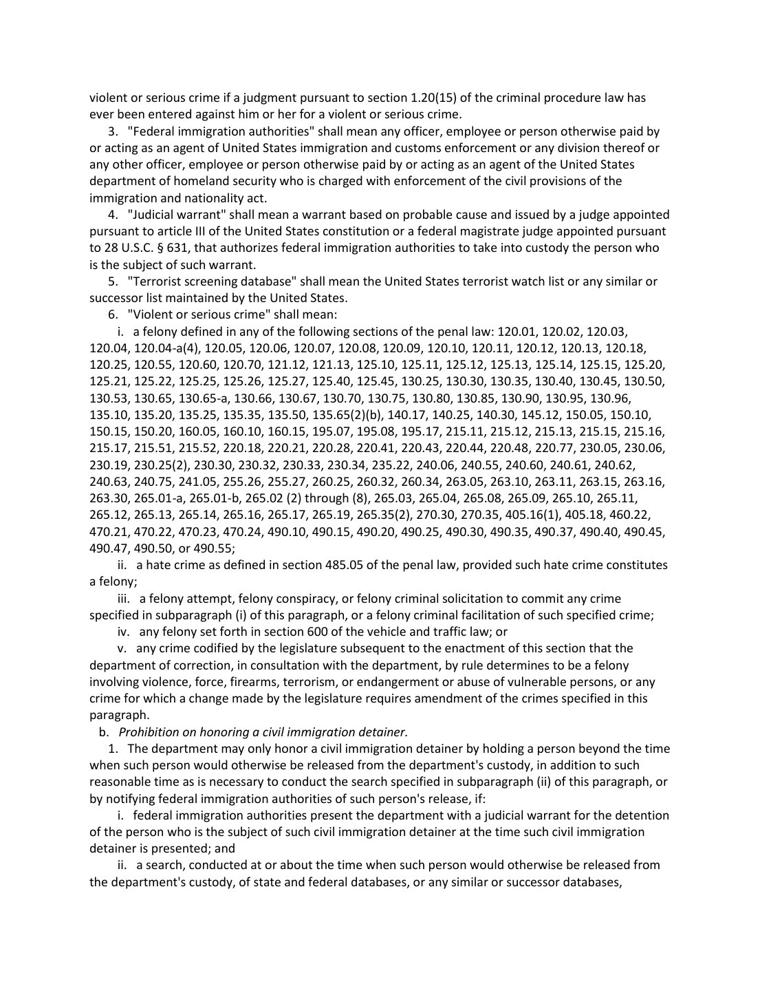 Page 5 of New York City's detainer laws compilation, showing the NYPD's list of violent or serious crimes under Administrative Code 14-154