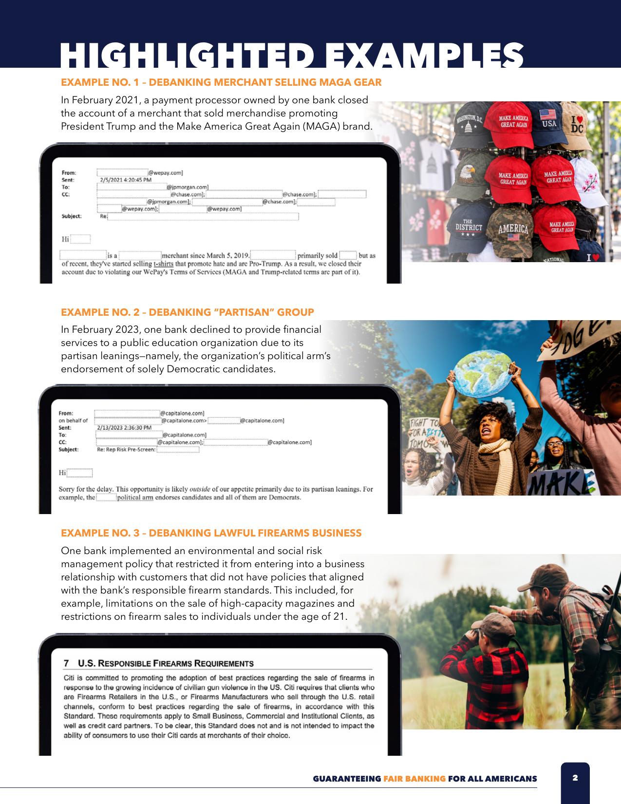 Page 2 of the OCC debanking report, Highlighted Examples, including Example No. 3, debanking lawful firearms business